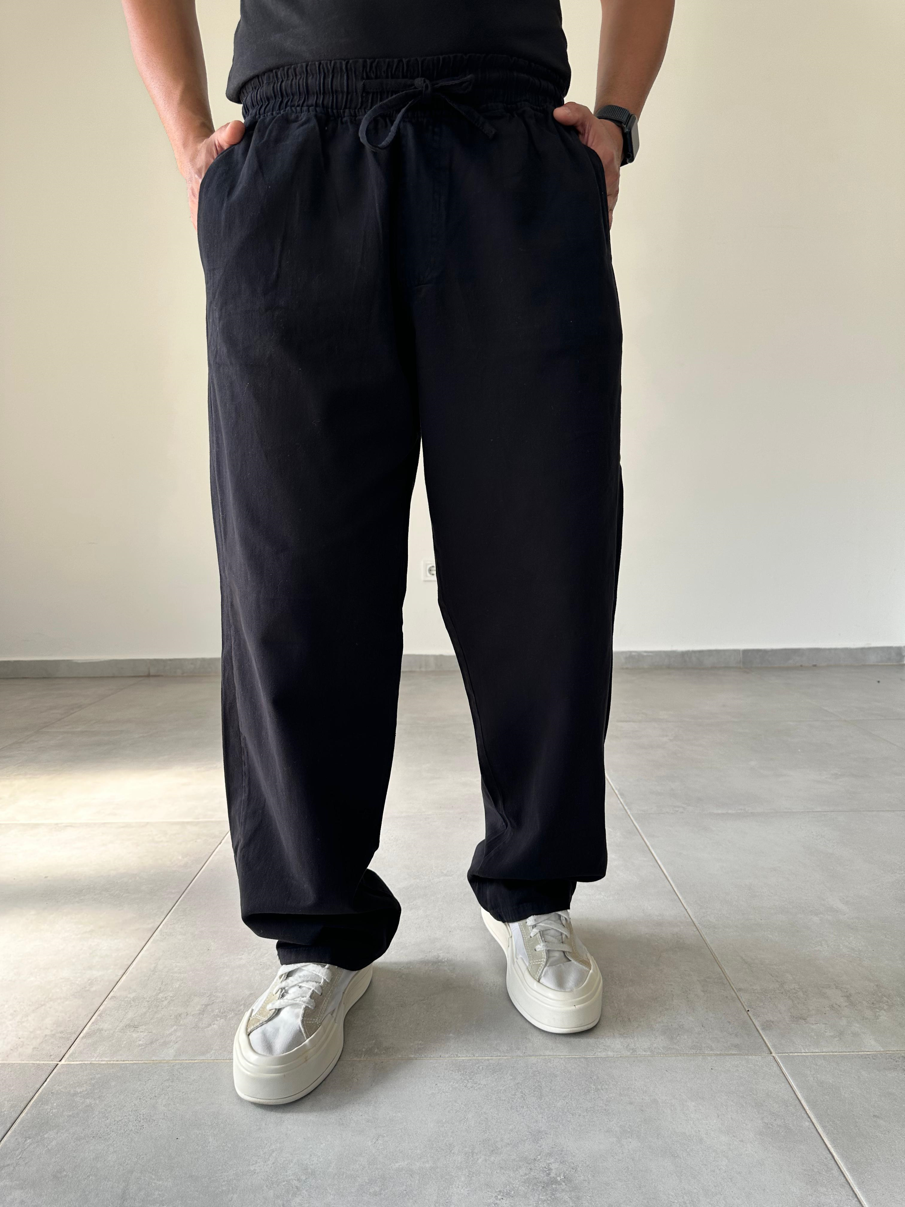 Siyah Renk Rahat Kesim Gabardin Kumaş Basic Baggy Pantolon