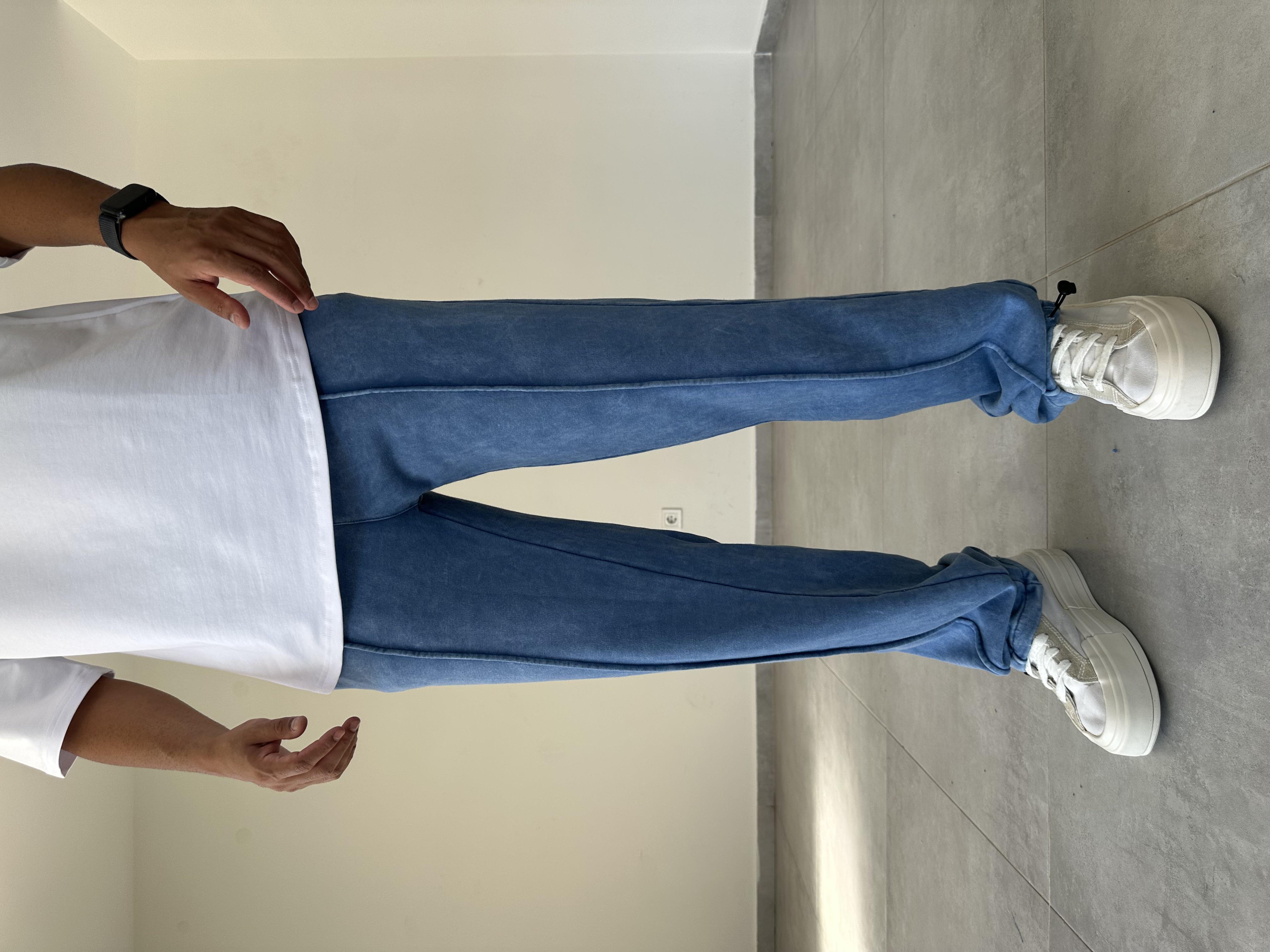 Ön Kısmı Çıma Detaylı Mavi Renk Yıkamalı Kumaş Paça Kısmı Stoperli Baggy Eşofman