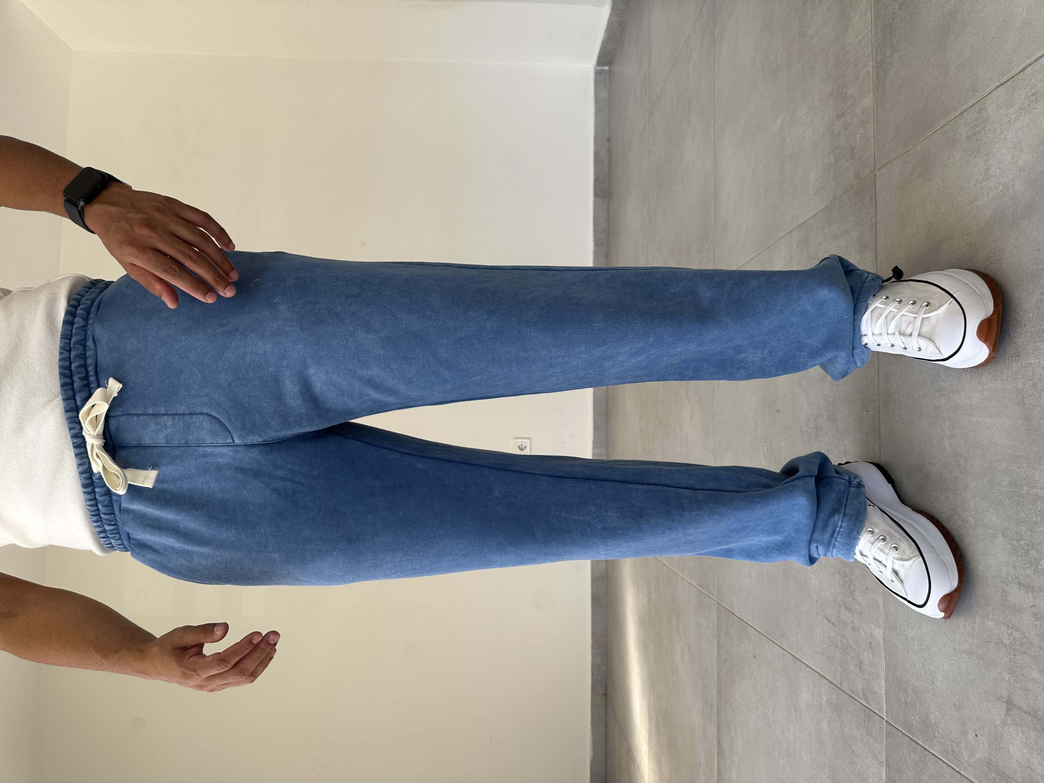 Mavi Renk Yıkamalı Kumaş Paça Kısmı Stoperli Baggy Eşofman