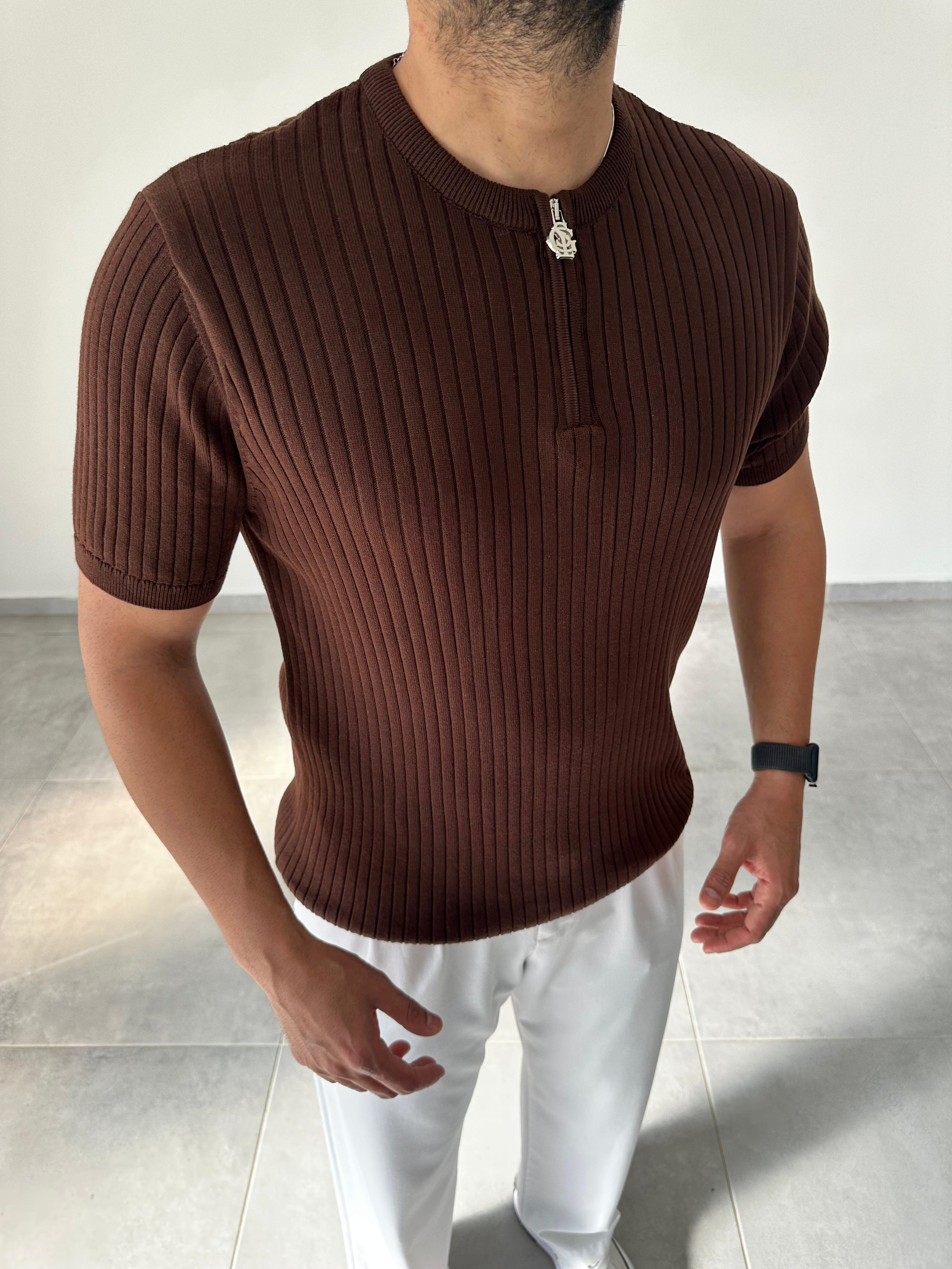 Kahve Renk Fermuar Detaylı Premium Kalite Basic Triko T-Shirt