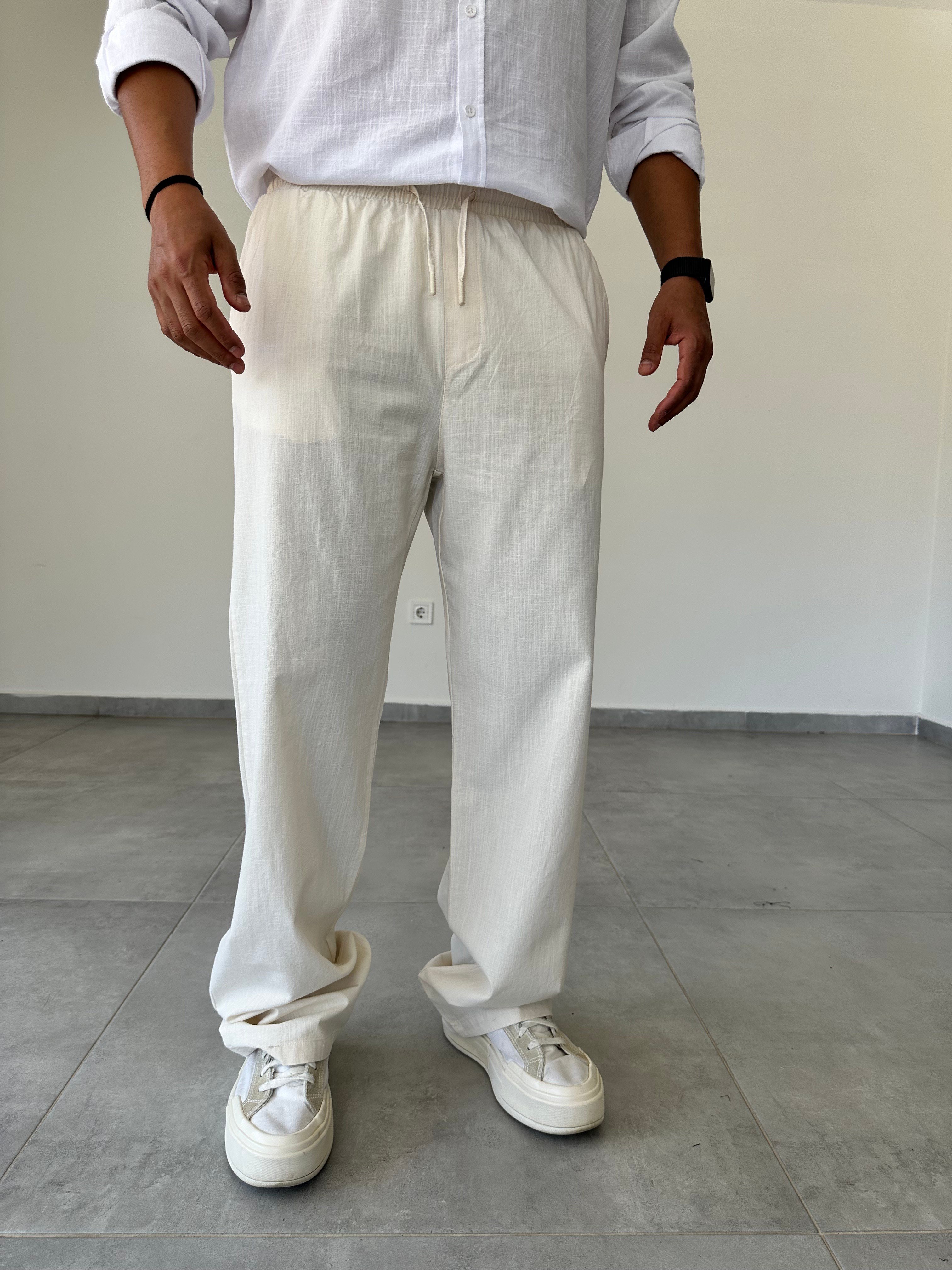 Bej Renk Bel Kısmı Lastikli Basic Baggy Keten Pantolon