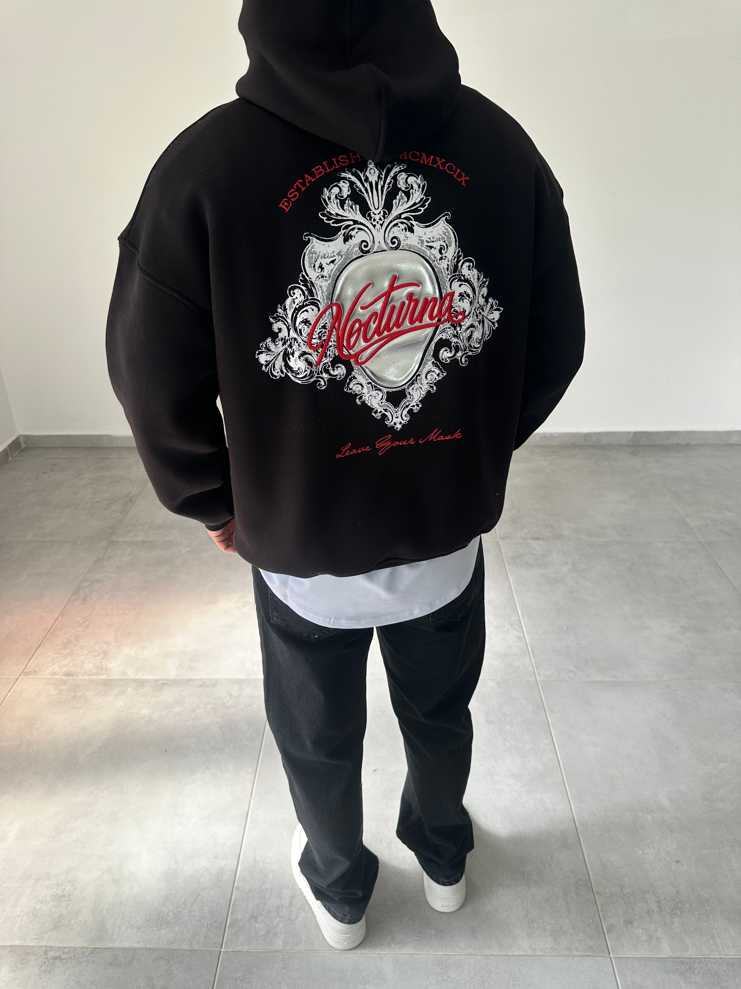 Siyah Nocturna Pantch Ve Baskı Detaylı Premium Kapüşonlu Sweatshirt