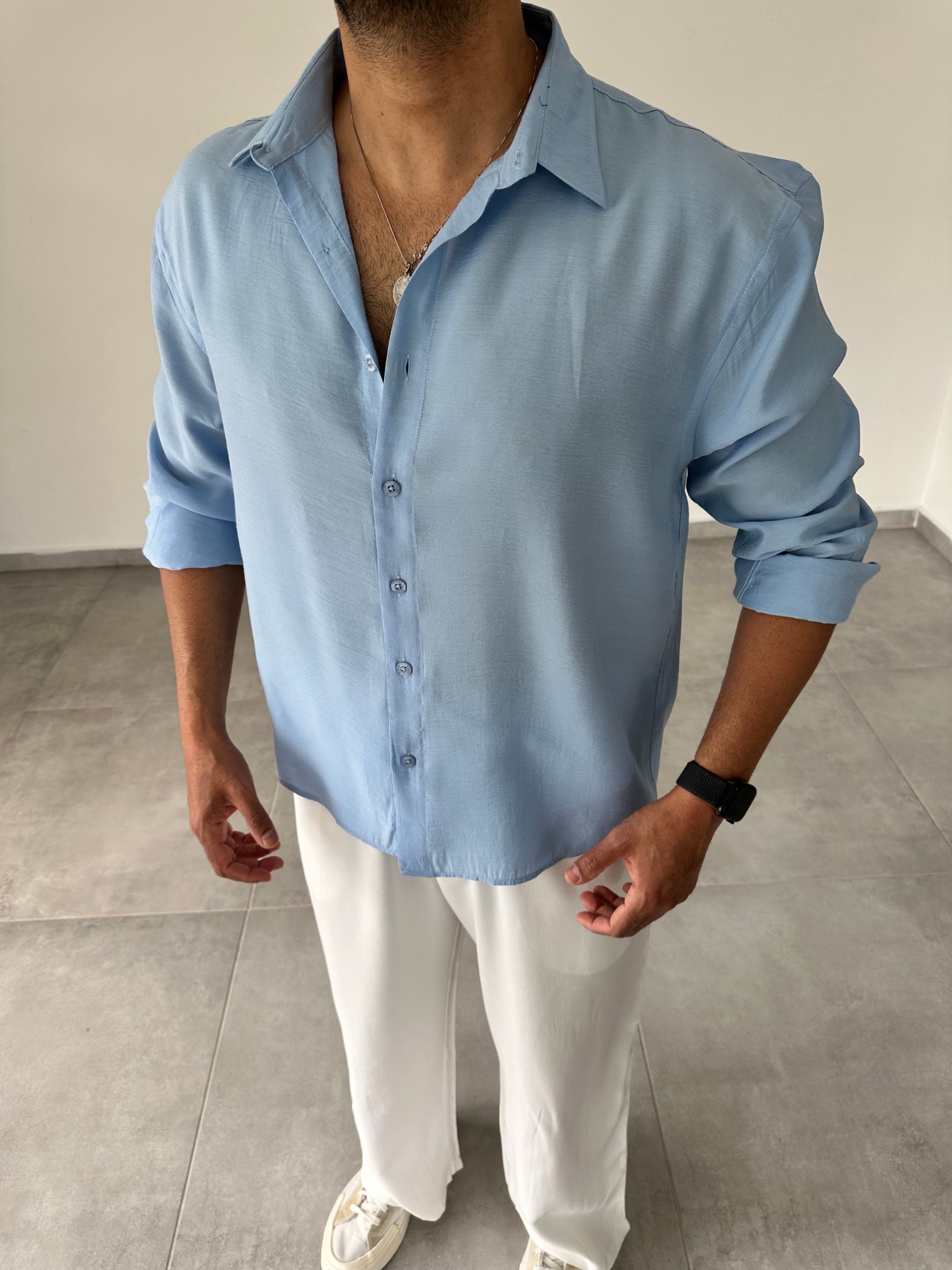 Bebe Mavisi Modal Kumaş Oversize Basic Gömlek