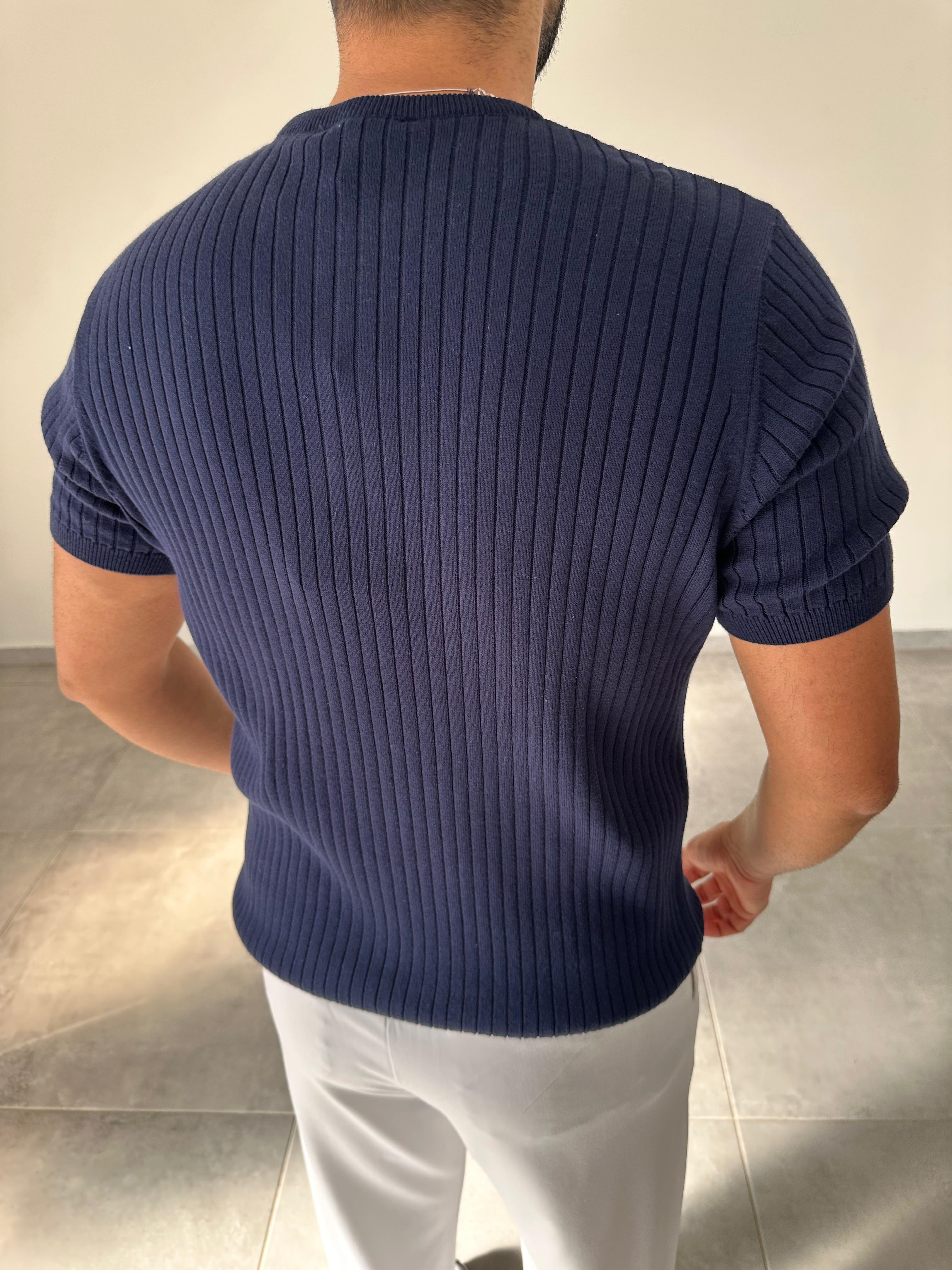 Lacivert Renk Fermuar Detaylı Premium Kalite Basic Triko T-Shirt