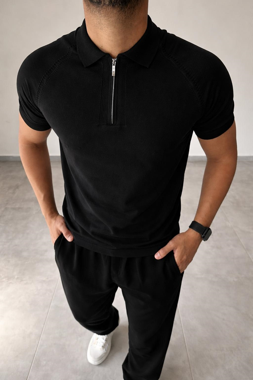 Polo Yaka Örgü Desenli Siyah Renk Triko T-Shirt