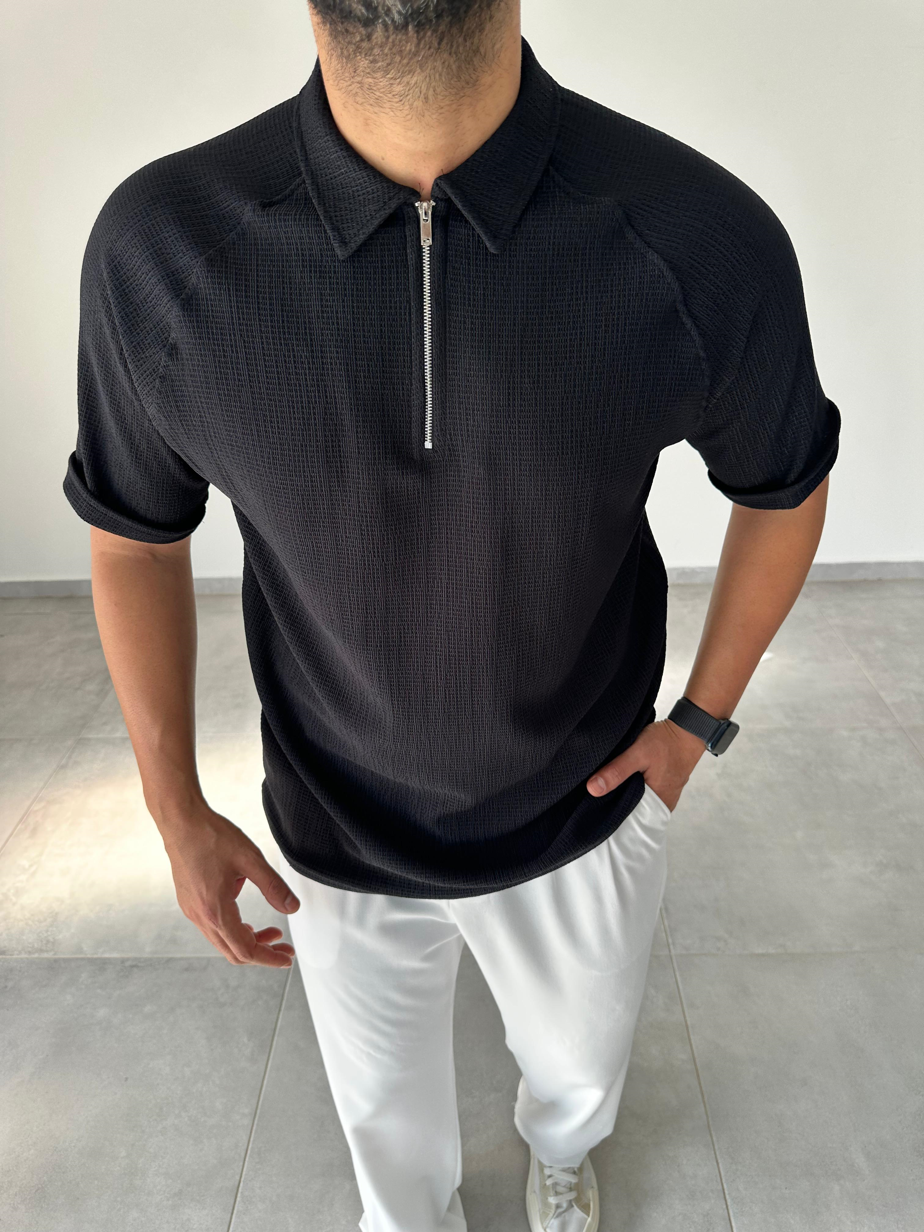 Siyah Renk Fermuarlı Polo Yaka T-Shirt