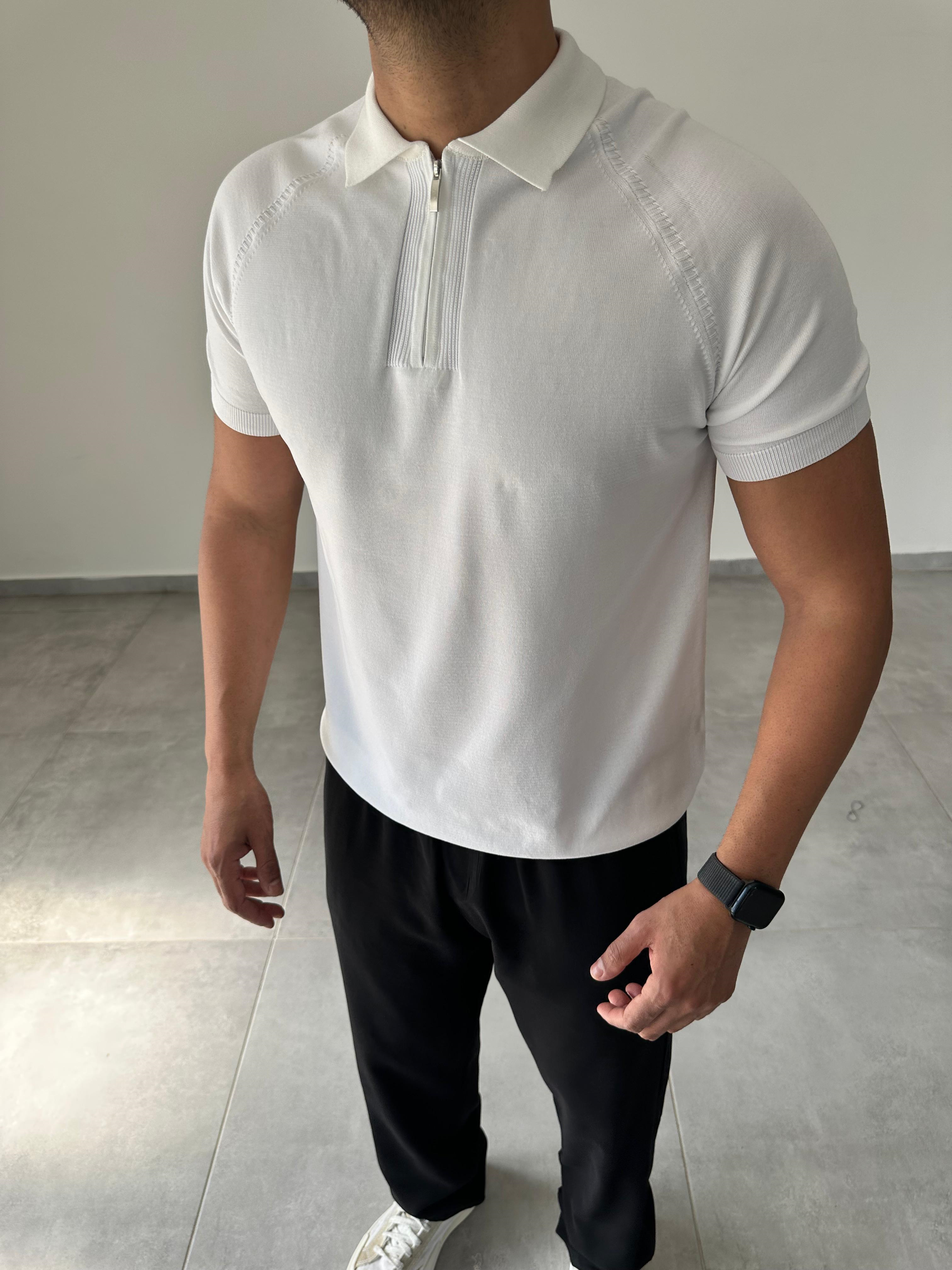 Polo Yaka Örgü Desenli Beyaz Renk Triko T-Shirt