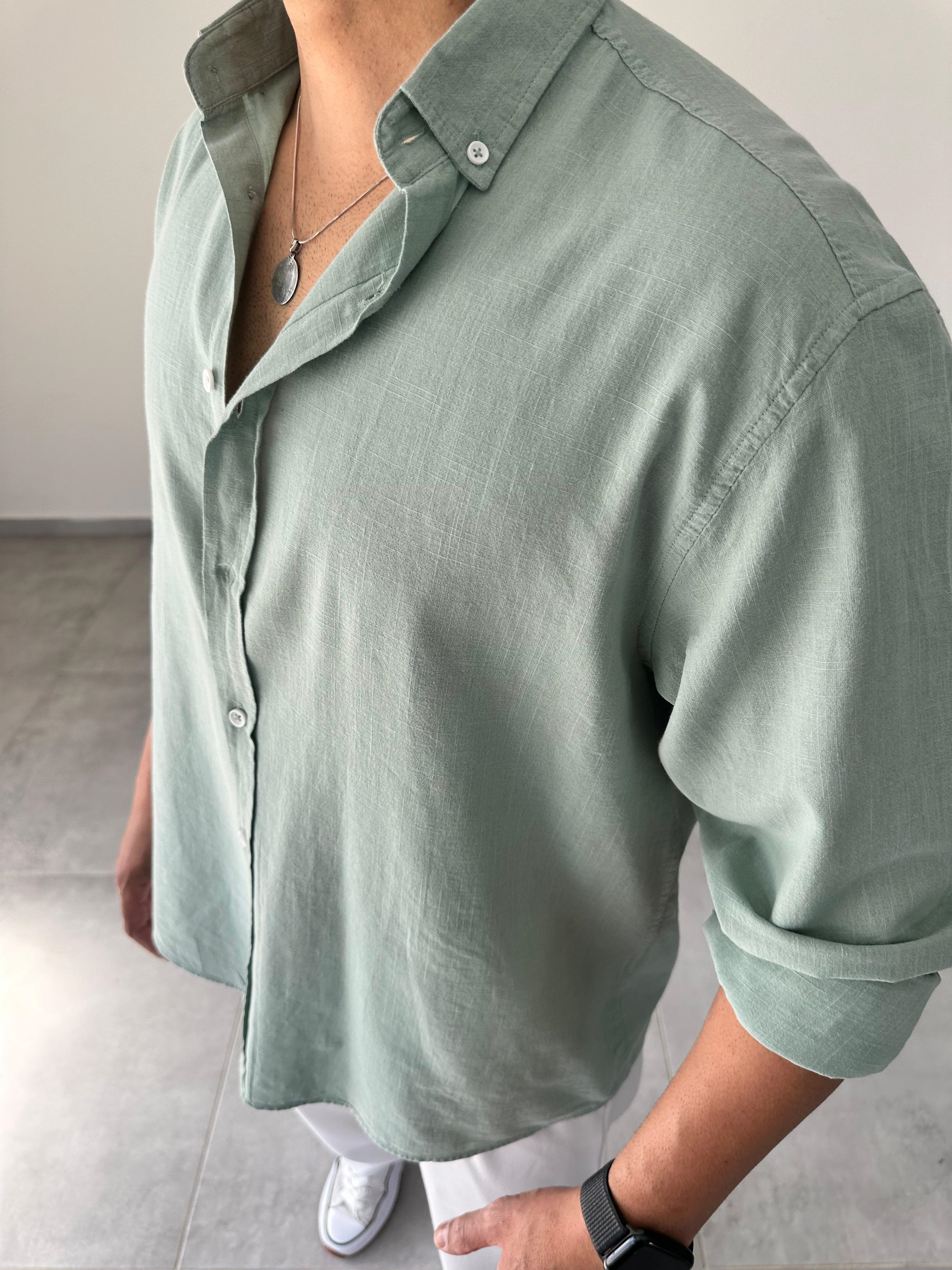 Mint Yeşili Oversize Kesim Fresh Keten Gömlek
