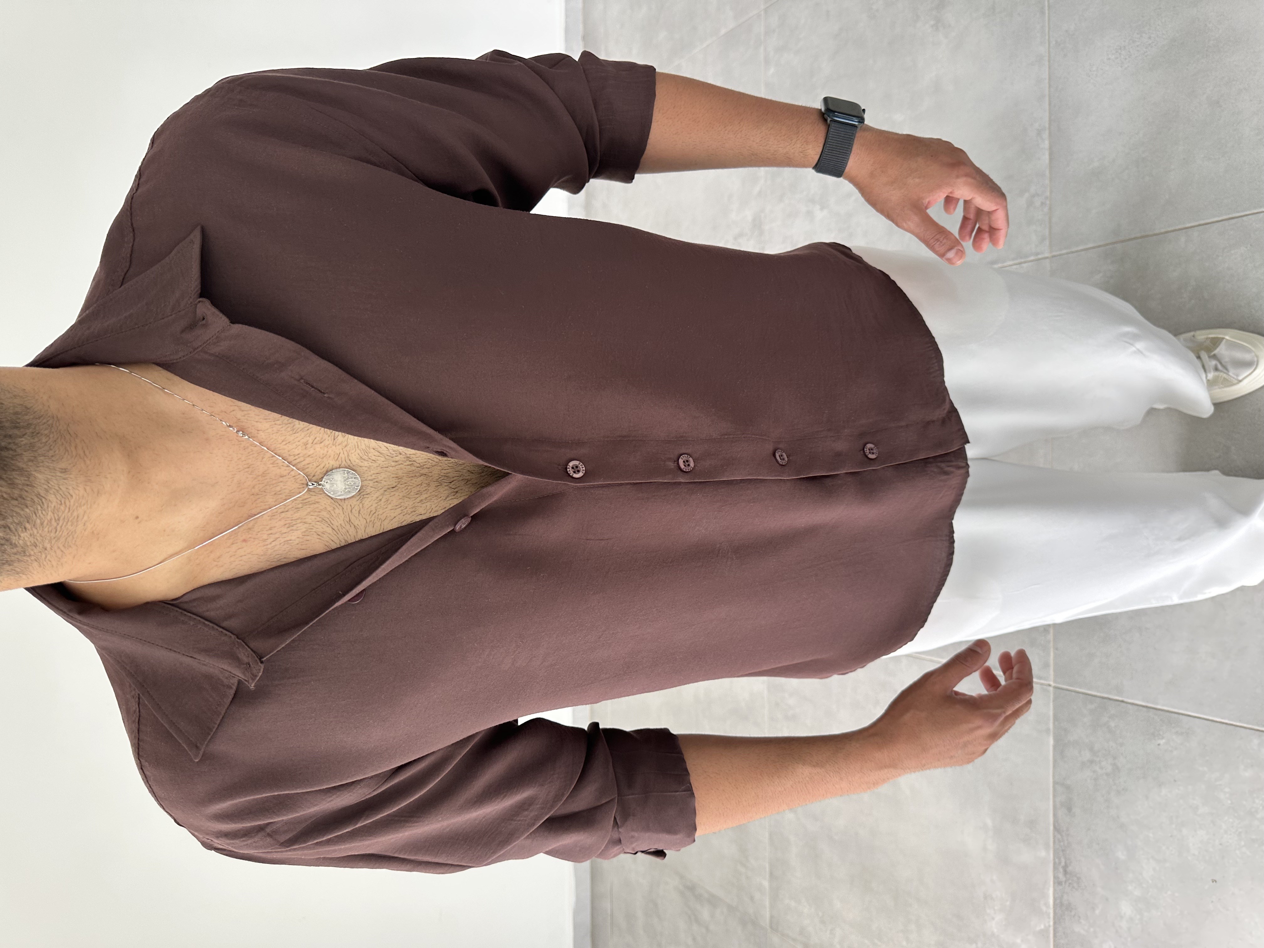 Kahve Modal Kumaş Oversize Basic Gömlek