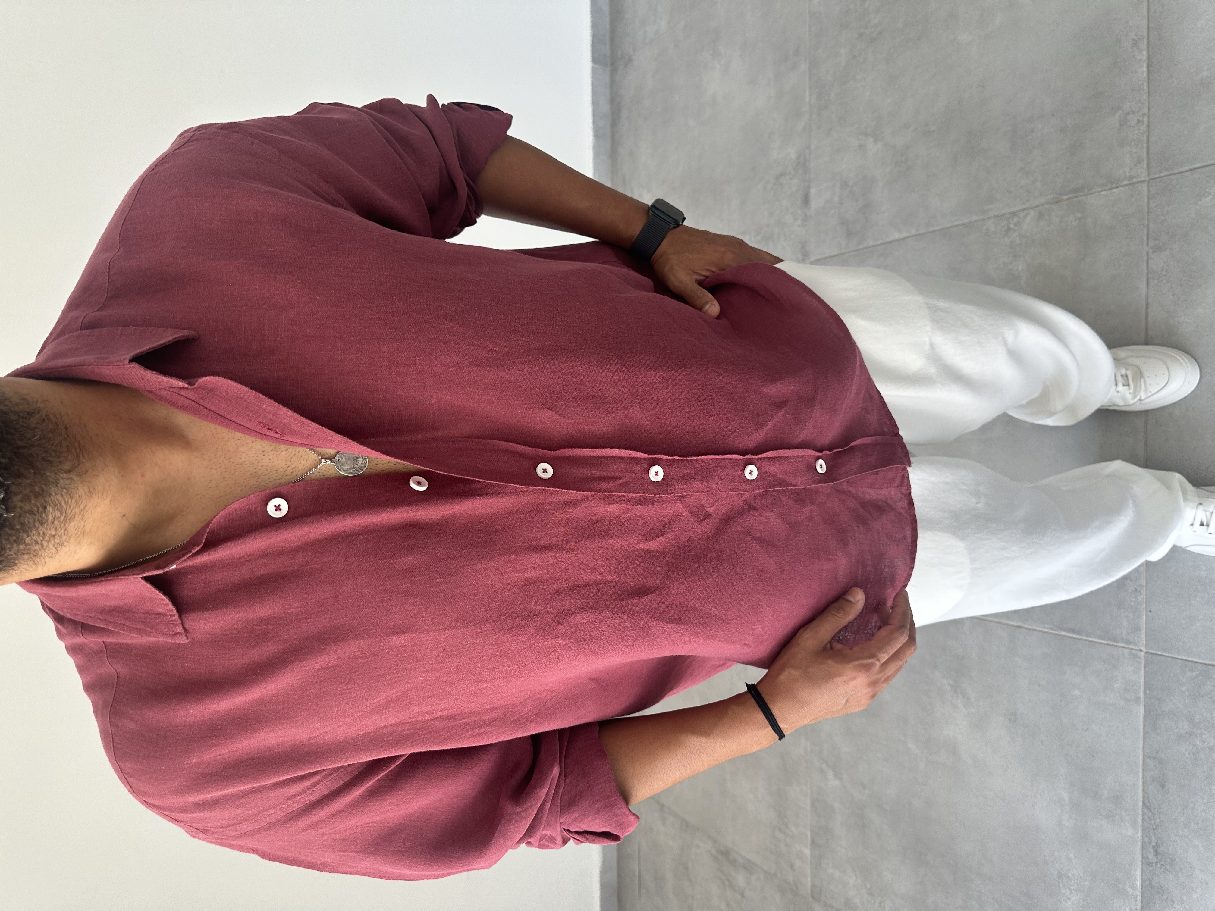 Ham Keten Oversize Kesim Bordo Renk Premium Keten Gömlek