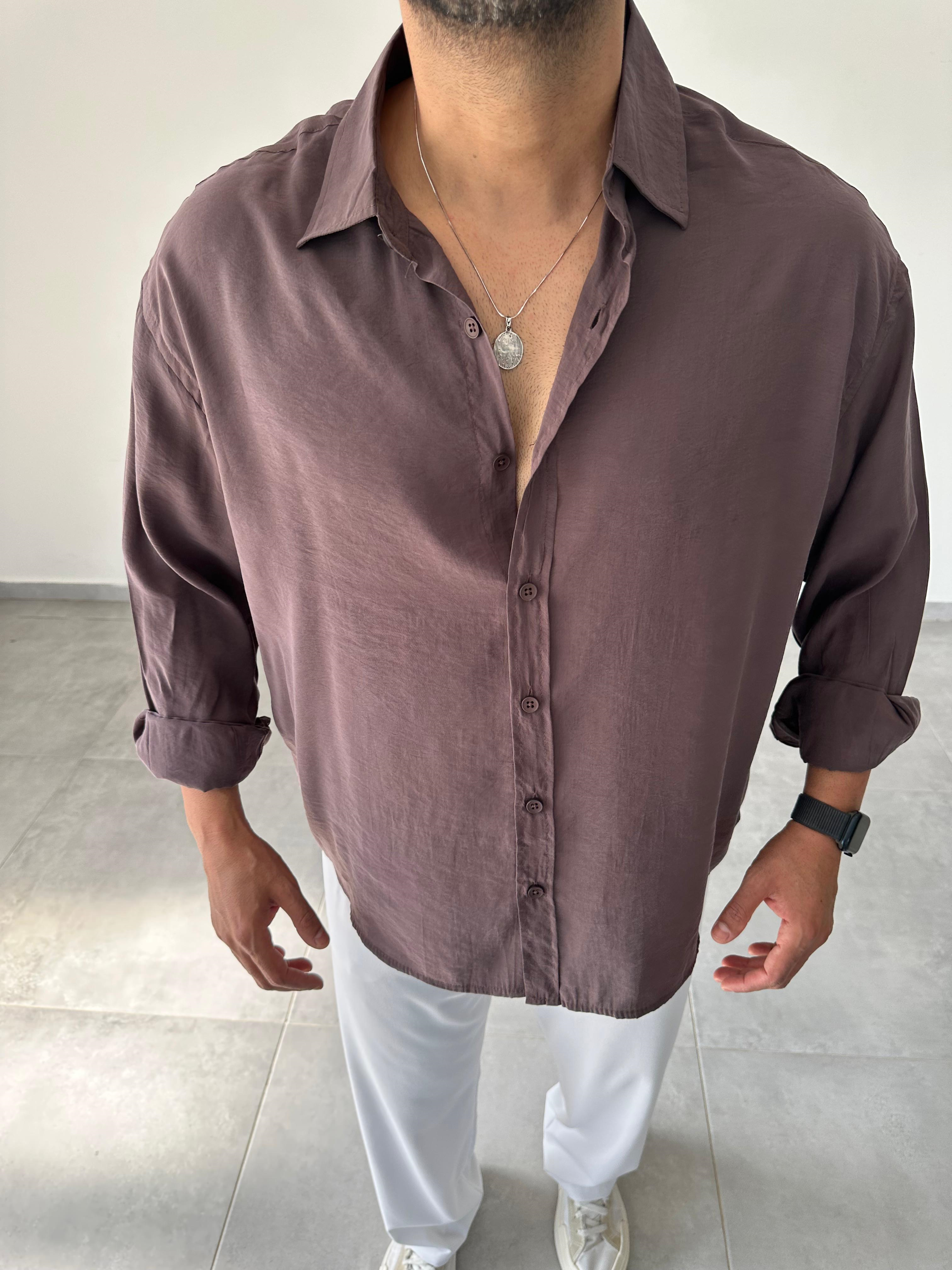 Kahve Renk Modal Kumaş Oversize Kesim Basic Gömlek
