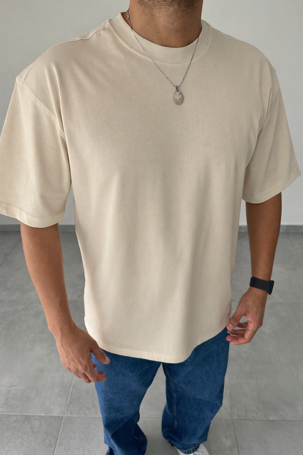 Bej  Renk Oversize Kesim Basic T-Shirt