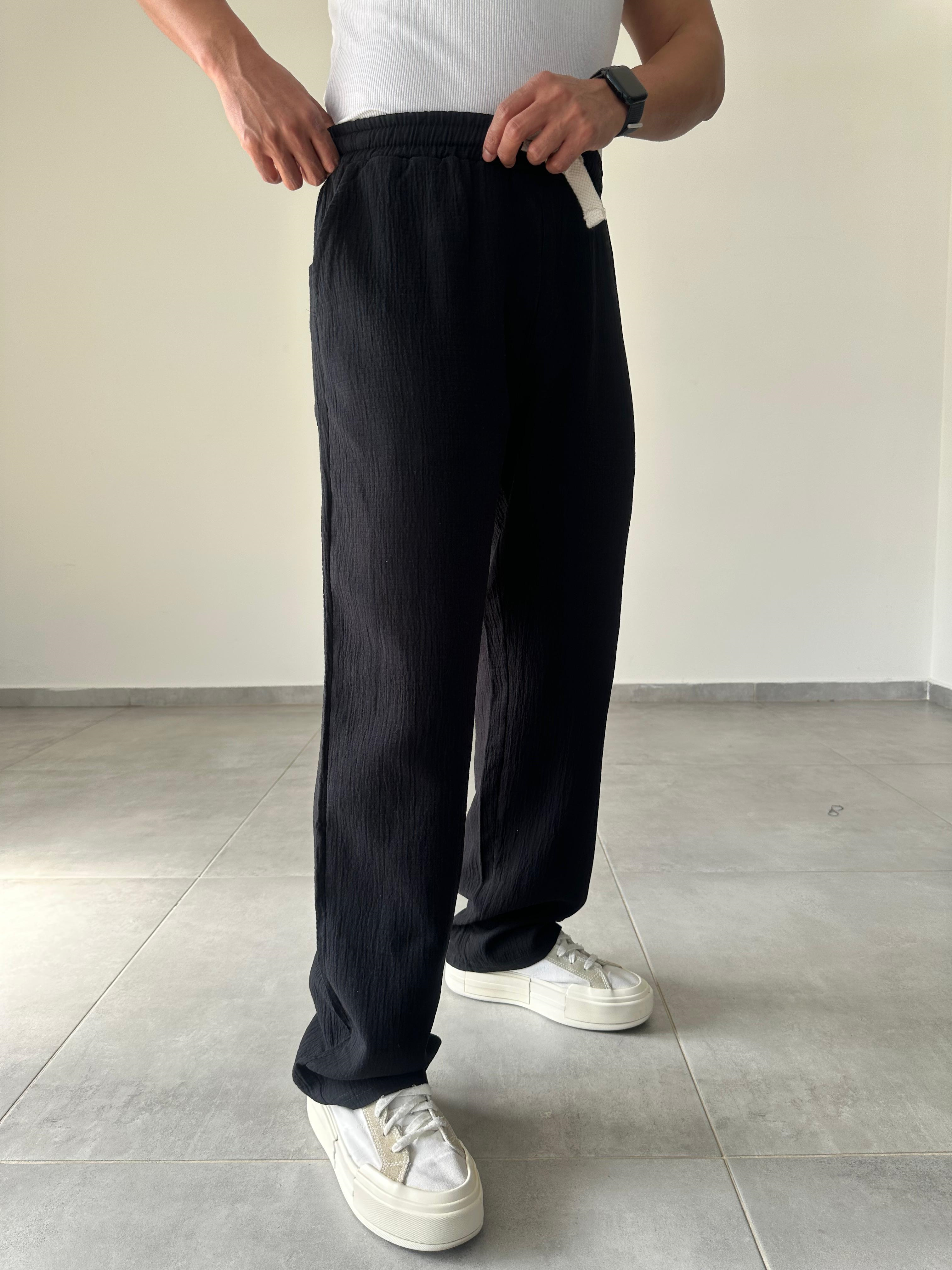 Siyah Renk Müslin Keten Baggy Pantolon