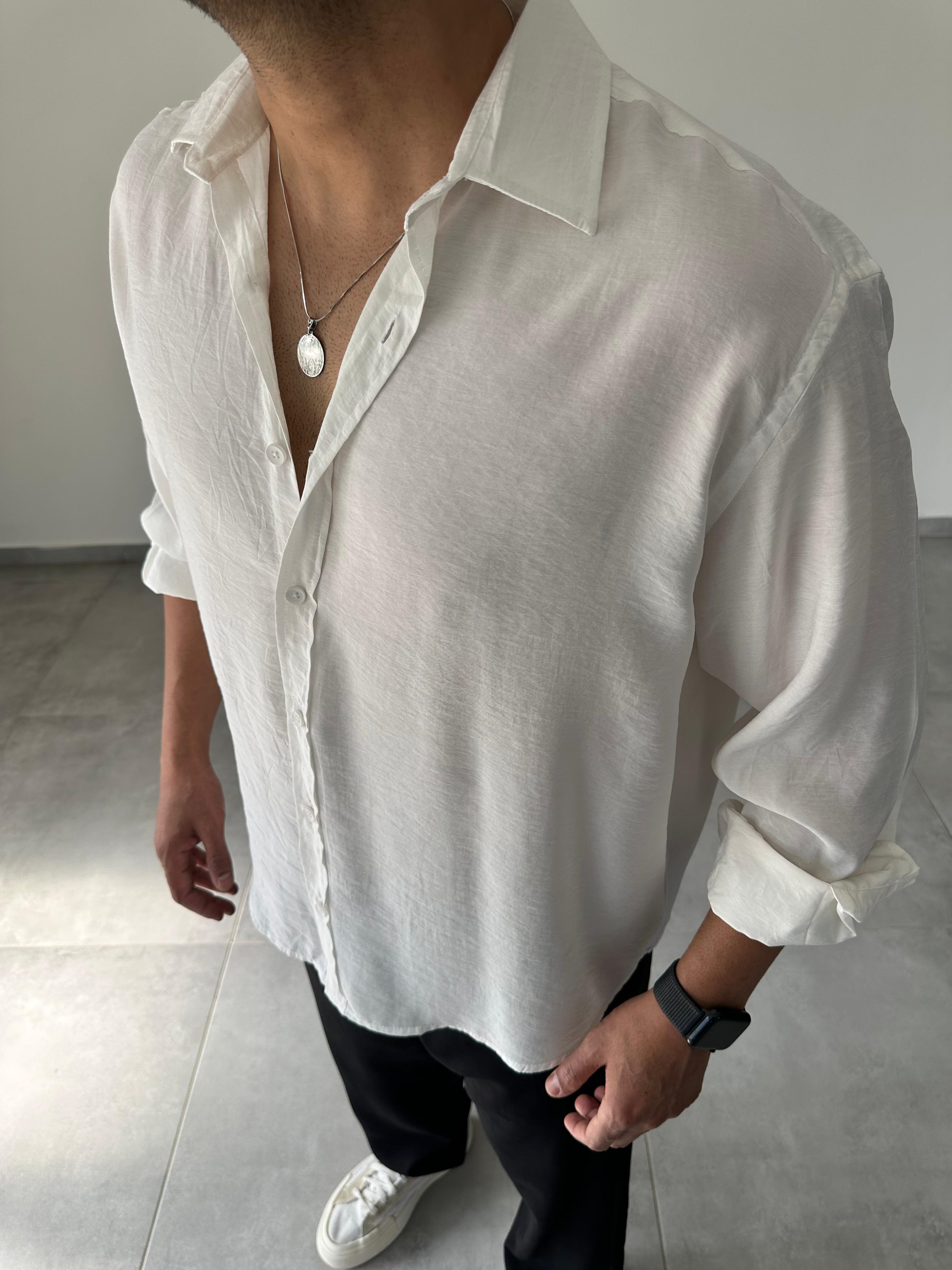 Beyaz Renk Modal Kumaş Oversize Kesim Basic Gömlek