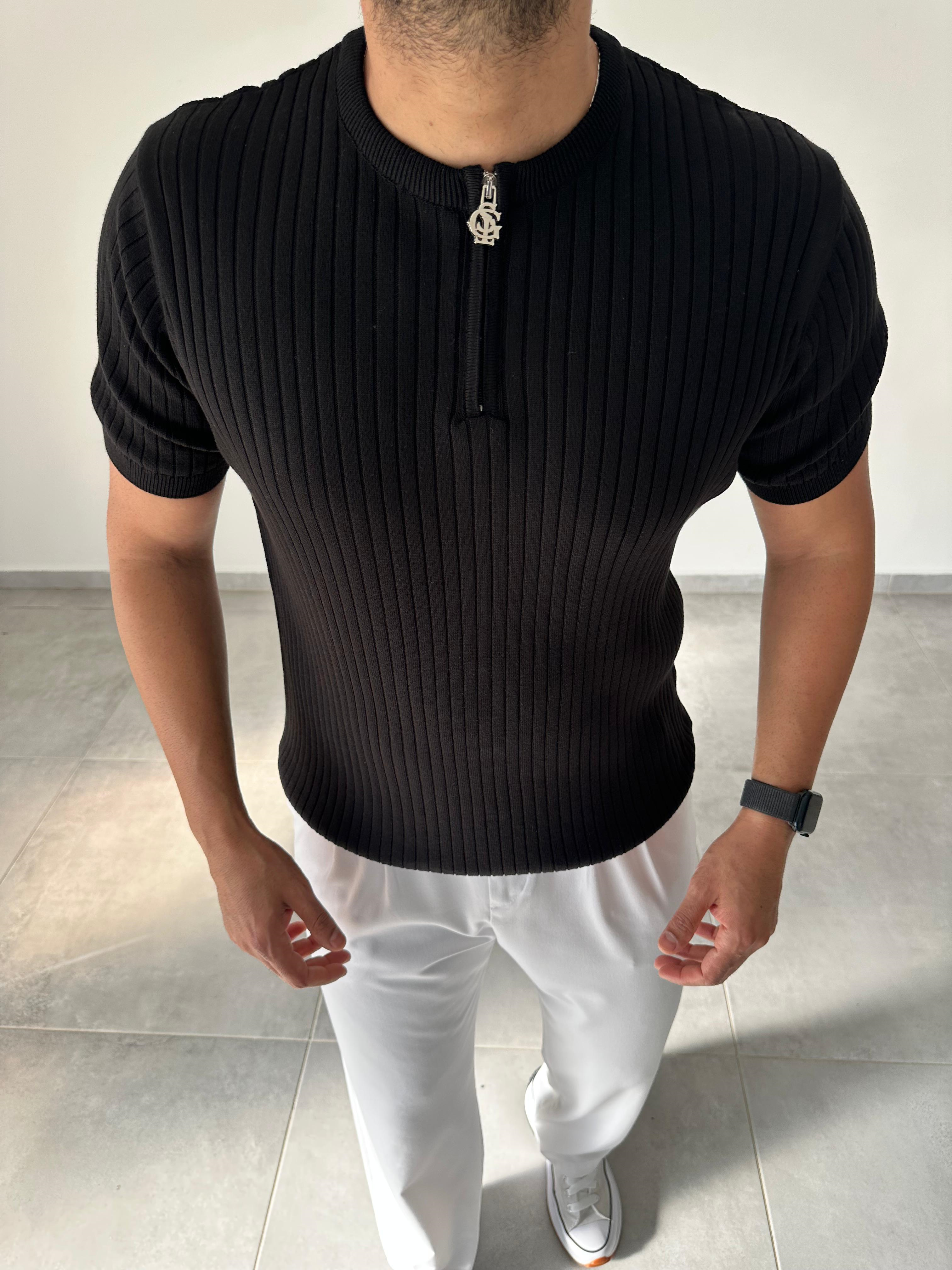 Siyah Renk Fermuar Detaylı Premium Kalite Basic Triko T-Shirt