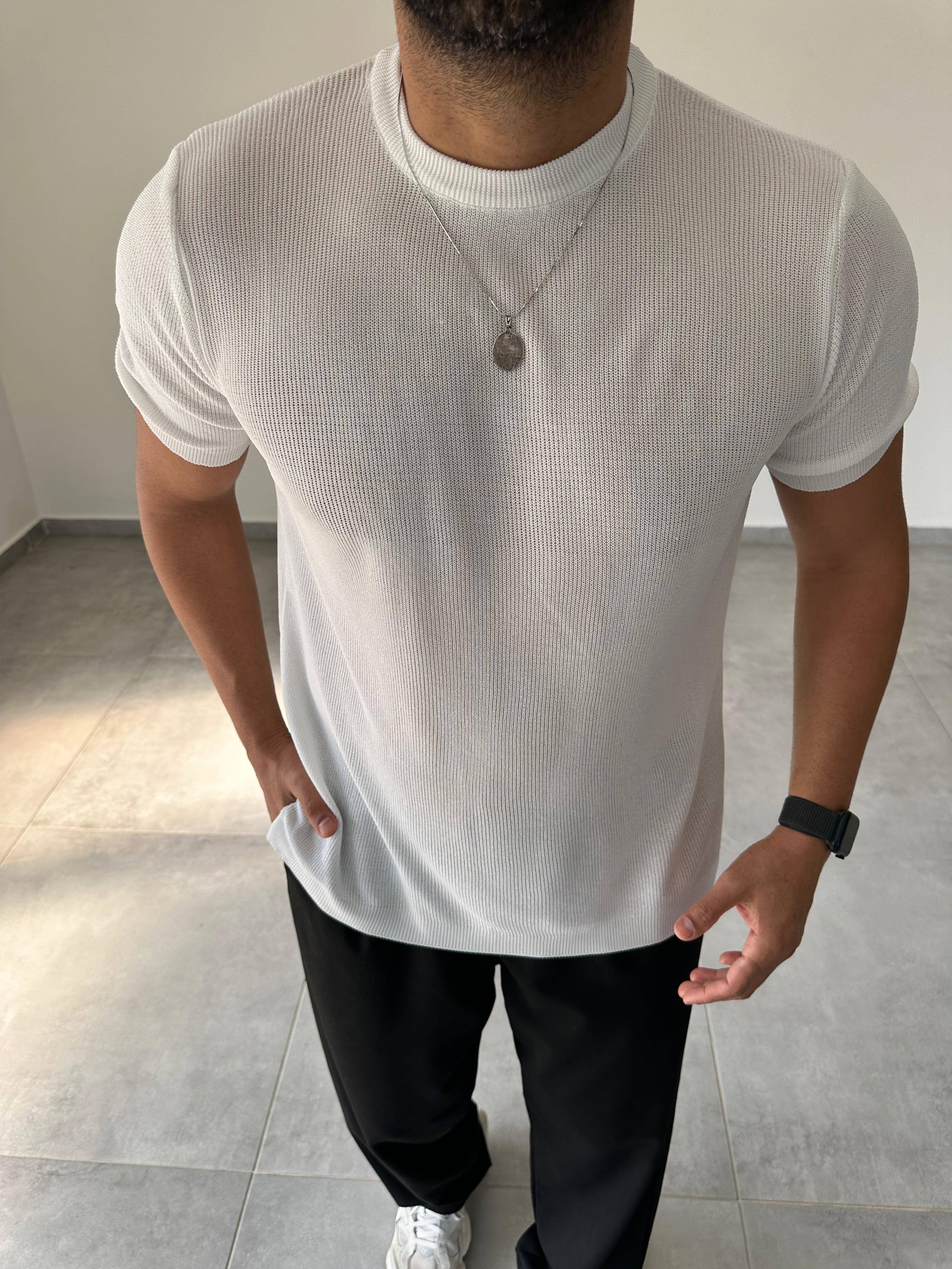Beyaz Renk Selanik Örme Regular Fit T-Shirt