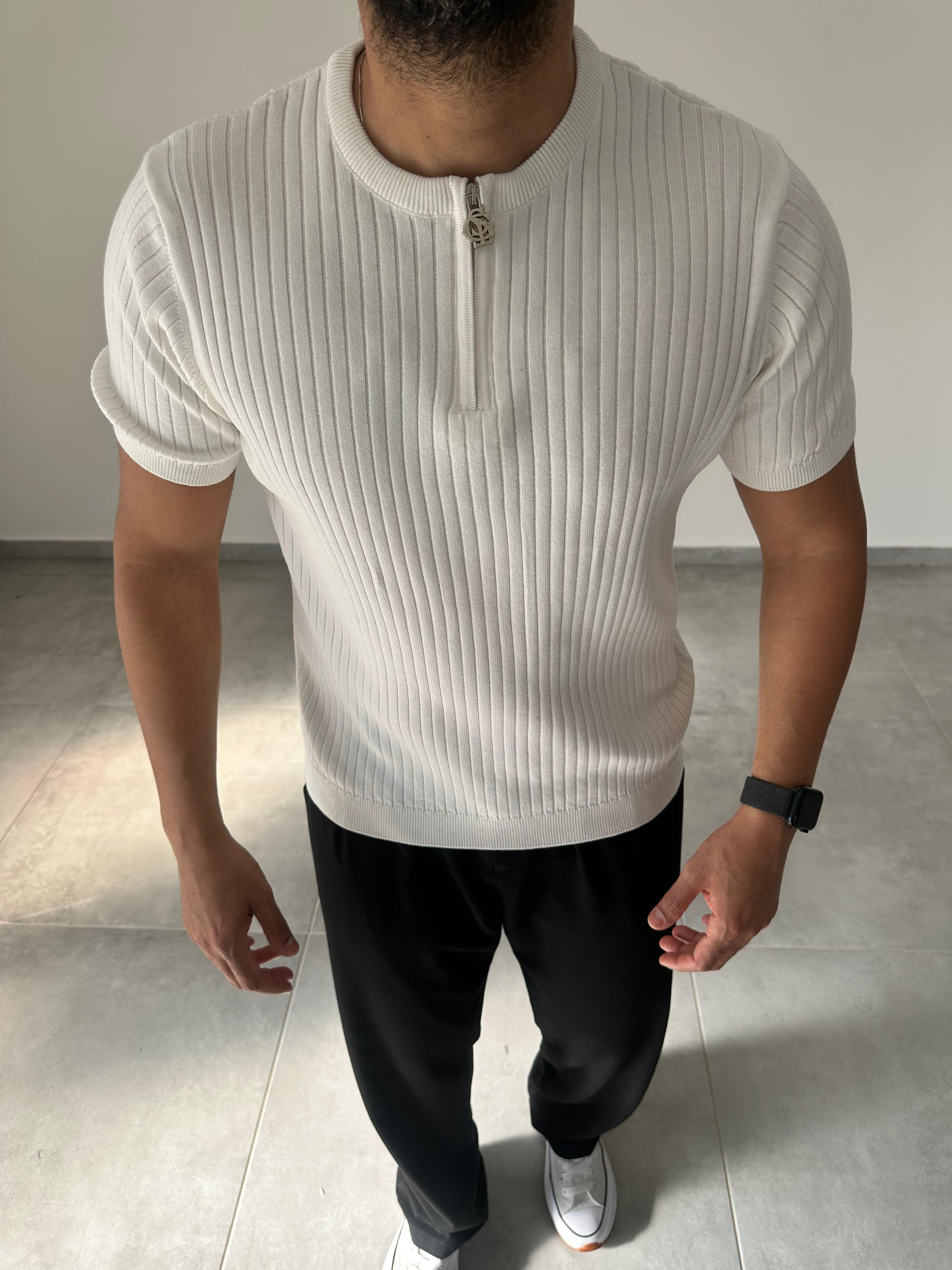 Beyaz Renk Fermuar Detaylı Premium Kalite Basic Triko T-Shirt