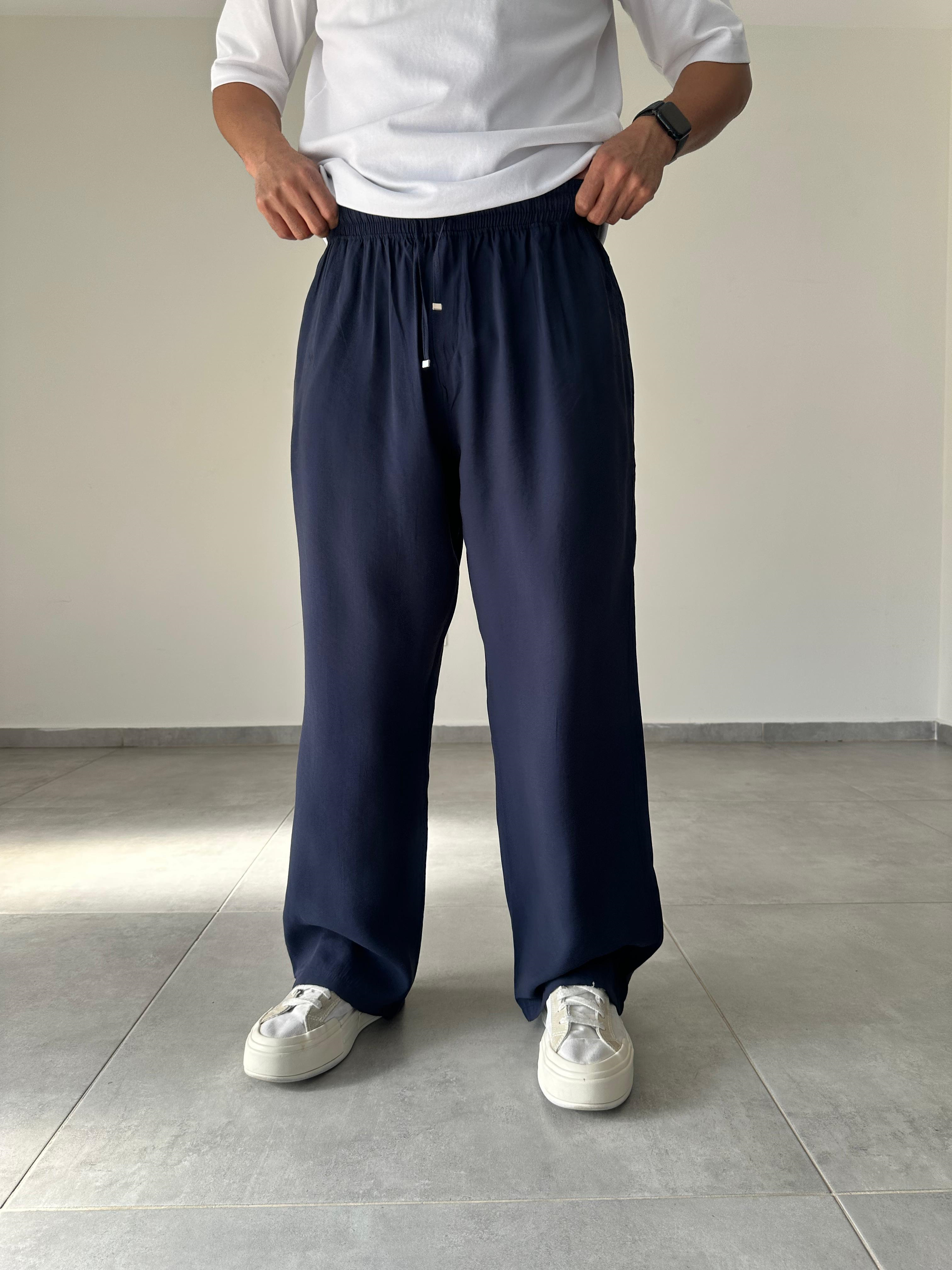 Tensel Kumaş Lacivert Renk Rahat Kesim İnce Baggy Pantolon