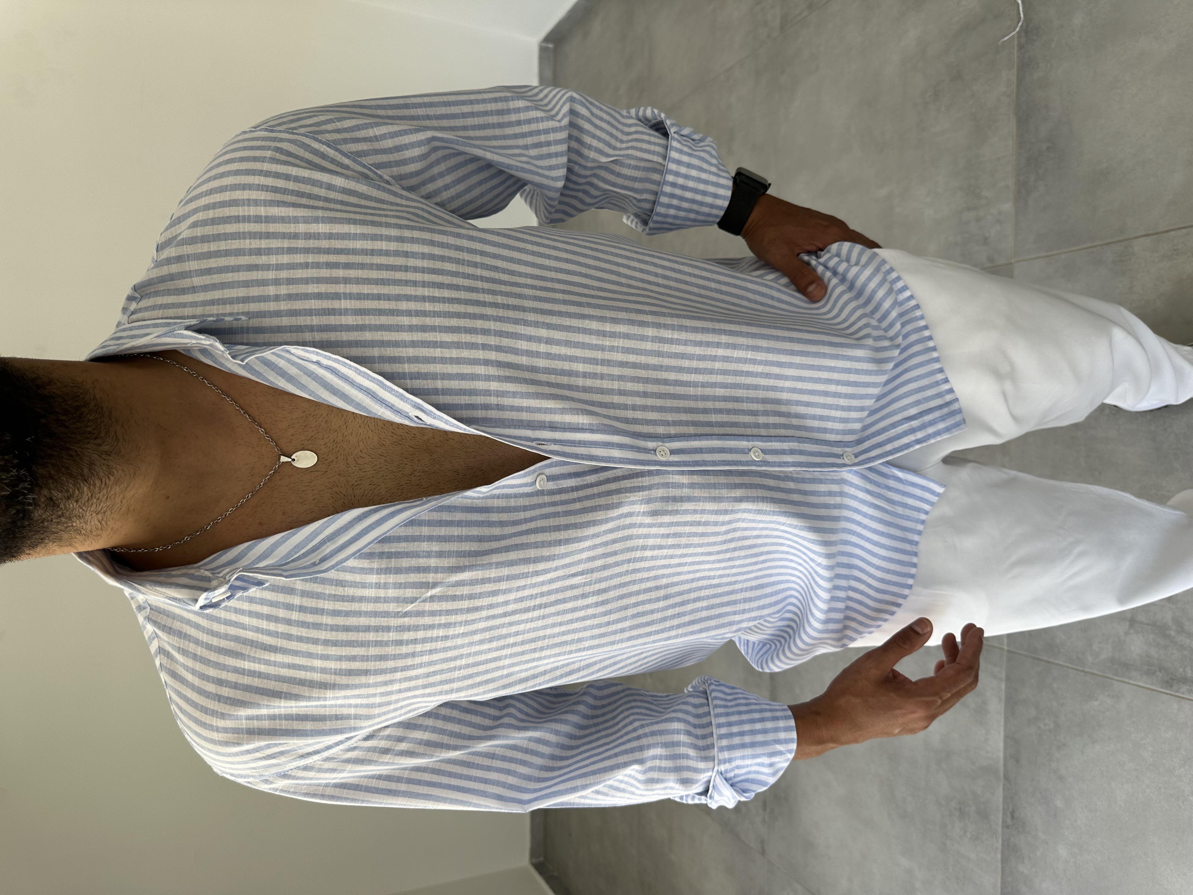 Bebe Mavisi İnce Çizgili Oversize Keten Gömlek