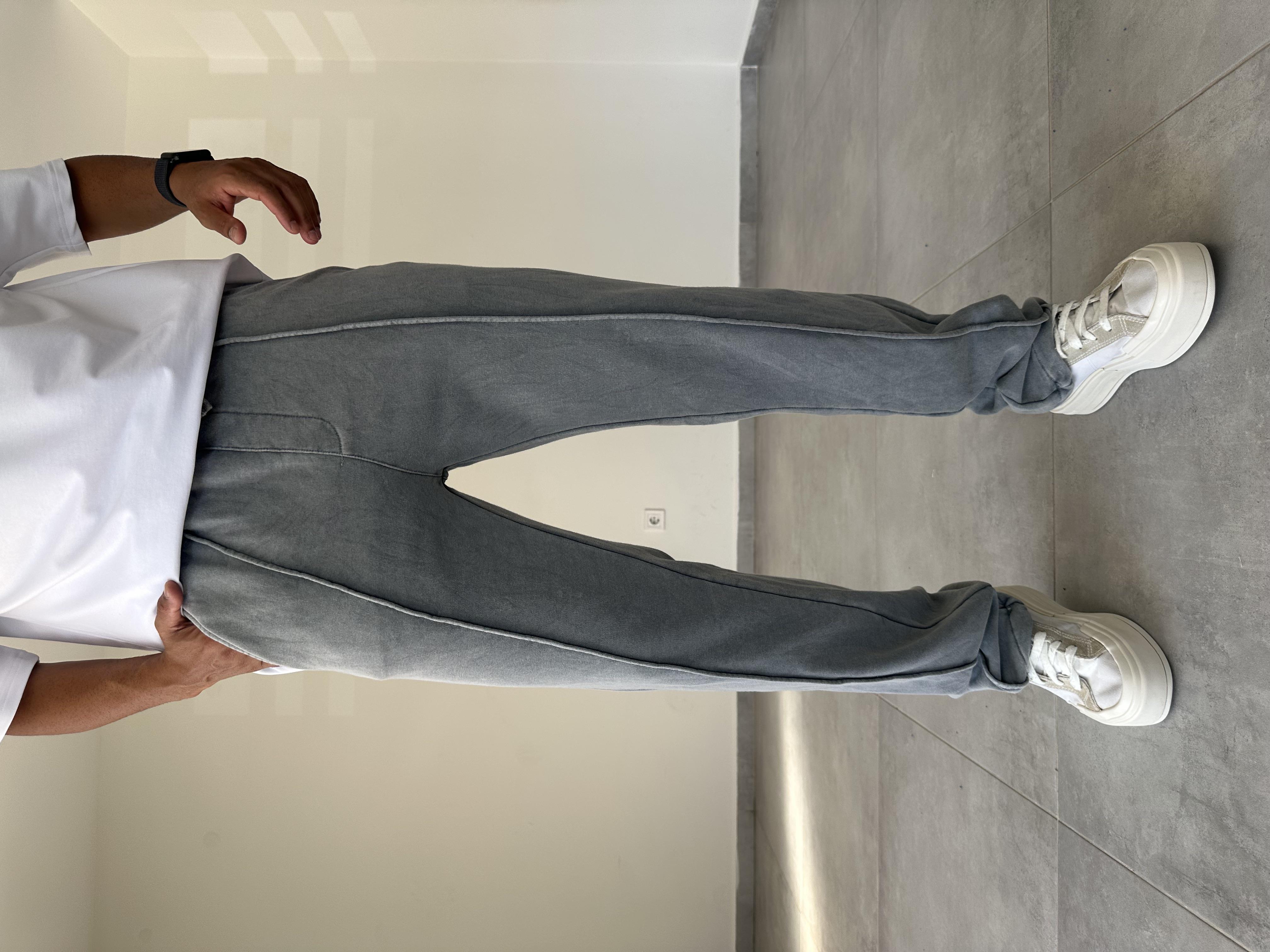 Ön Kısmı Çıma Detaylı Gri Renk Yıkamalı Kumaş Paça Kısmı Stoperli Baggy Eşofman