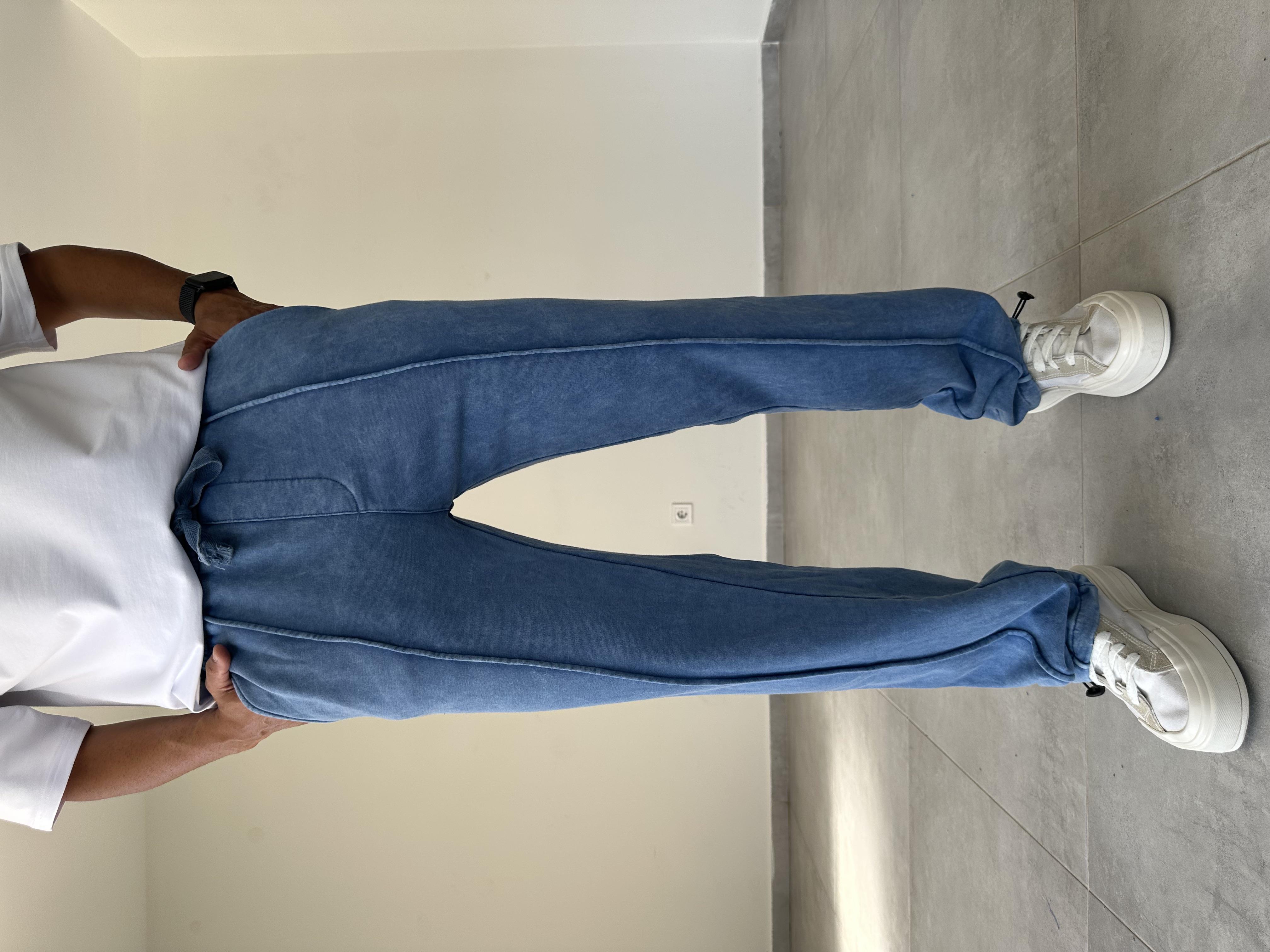 Ön Kısmı Çıma Detaylı Mavi Renk Yıkamalı Kumaş Paça Kısmı Stoperli Baggy Eşofman