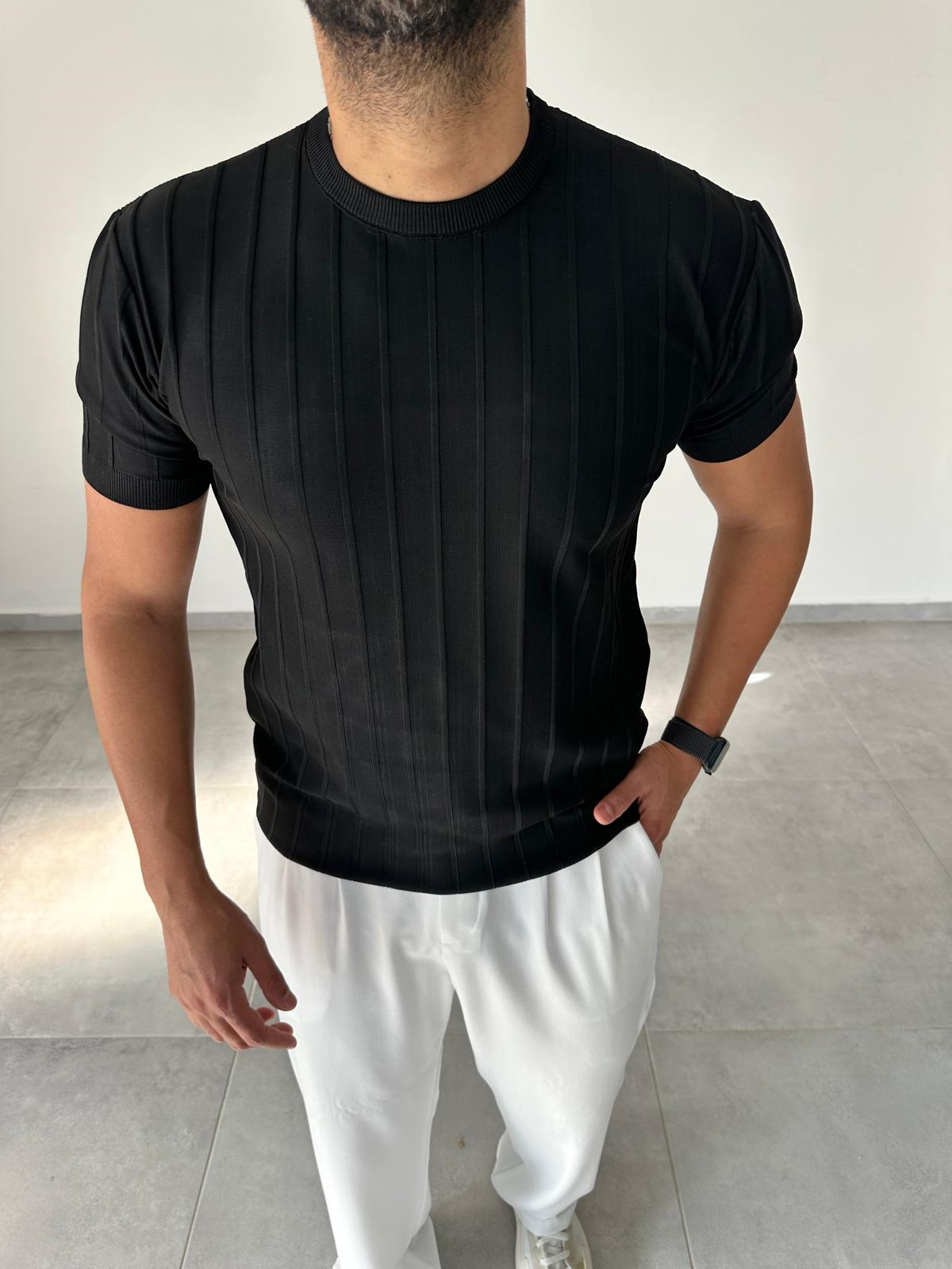 Şerit Detaylı Siyah Renk Basic T-Shirt