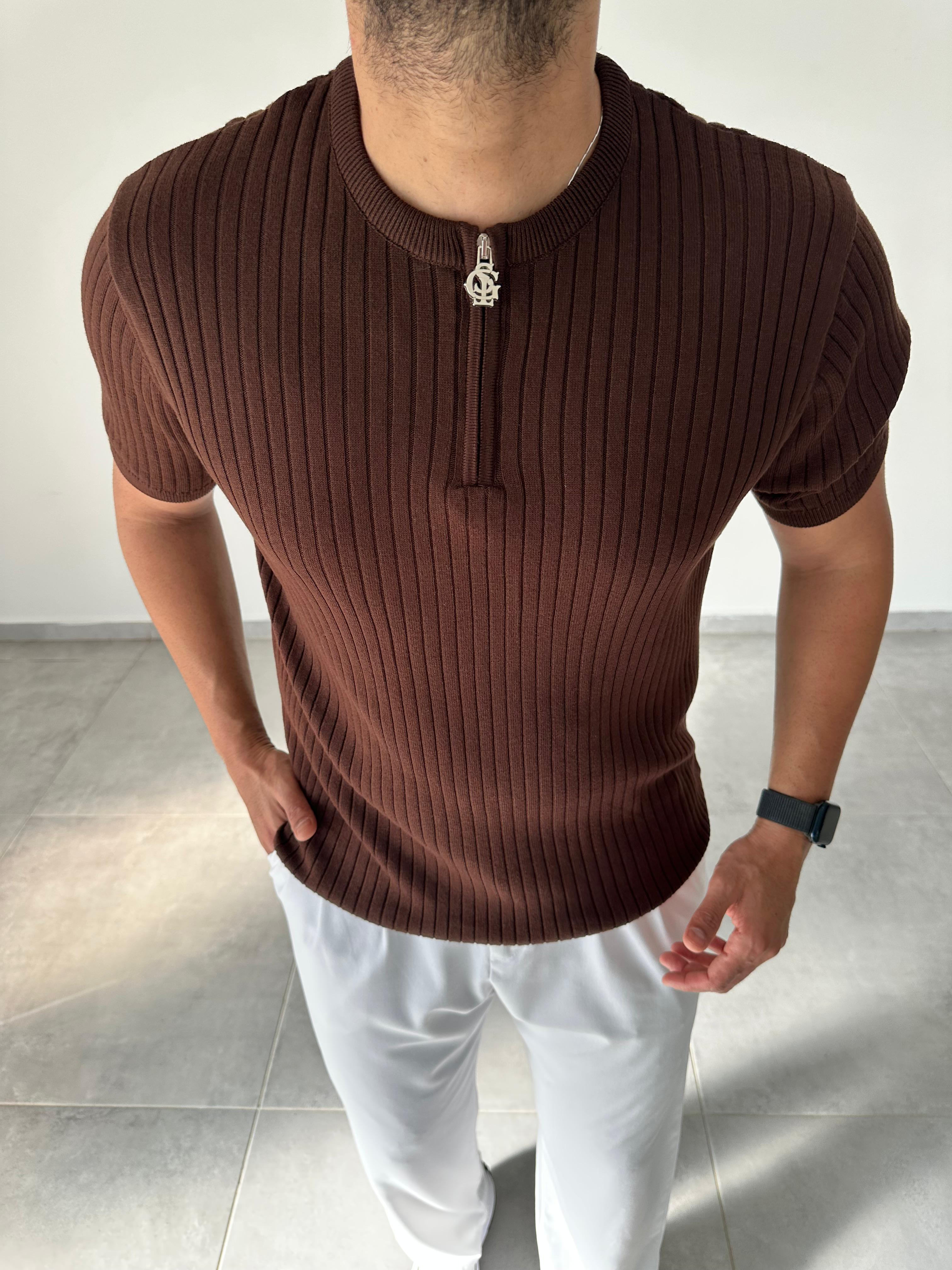 Kahve Renk Fermuar Detaylı Premium Kalite Basic Triko T-Shirt
