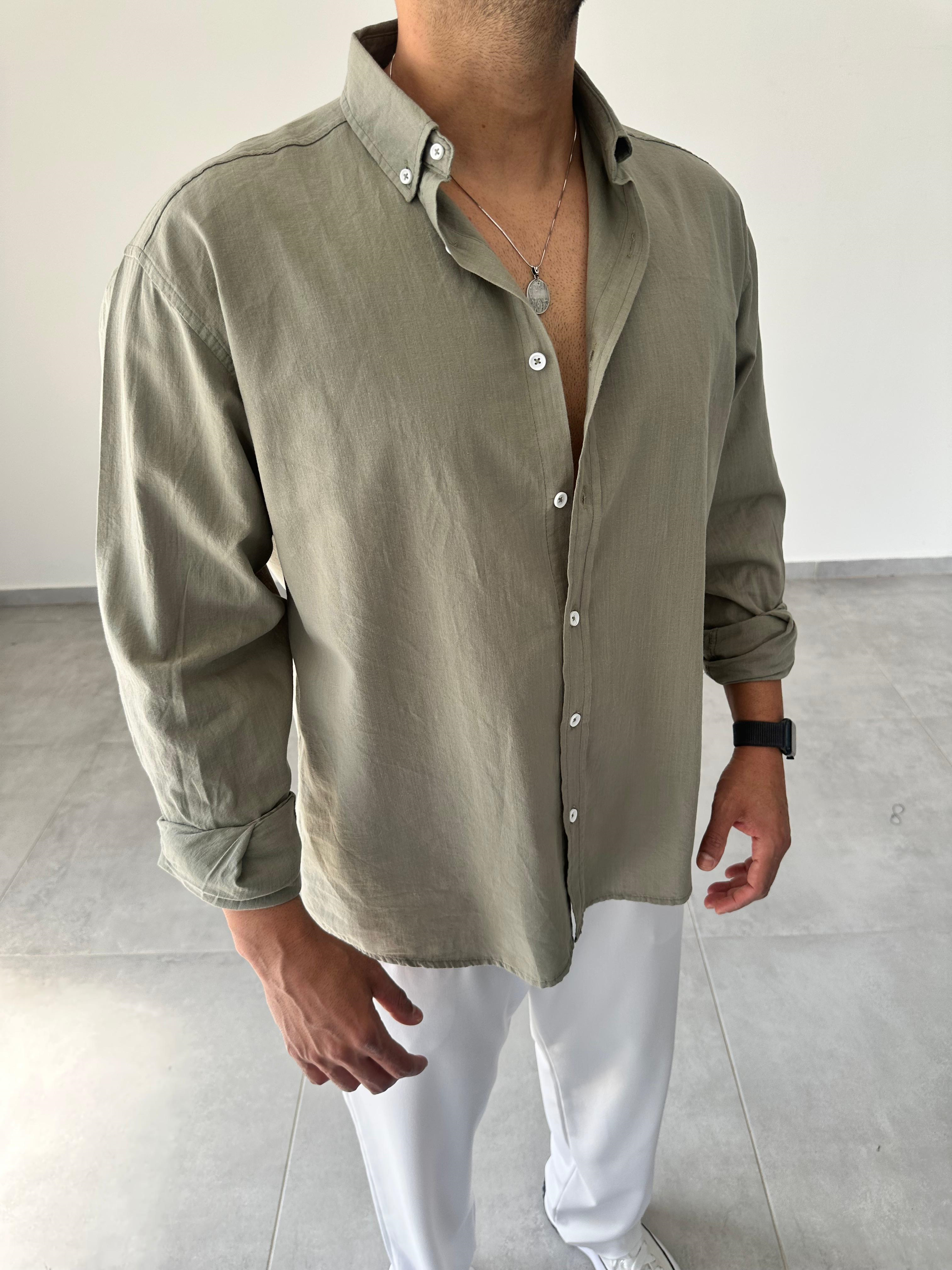 Haki Yeşili Oversize Kesim Fresh Keten Gömlek