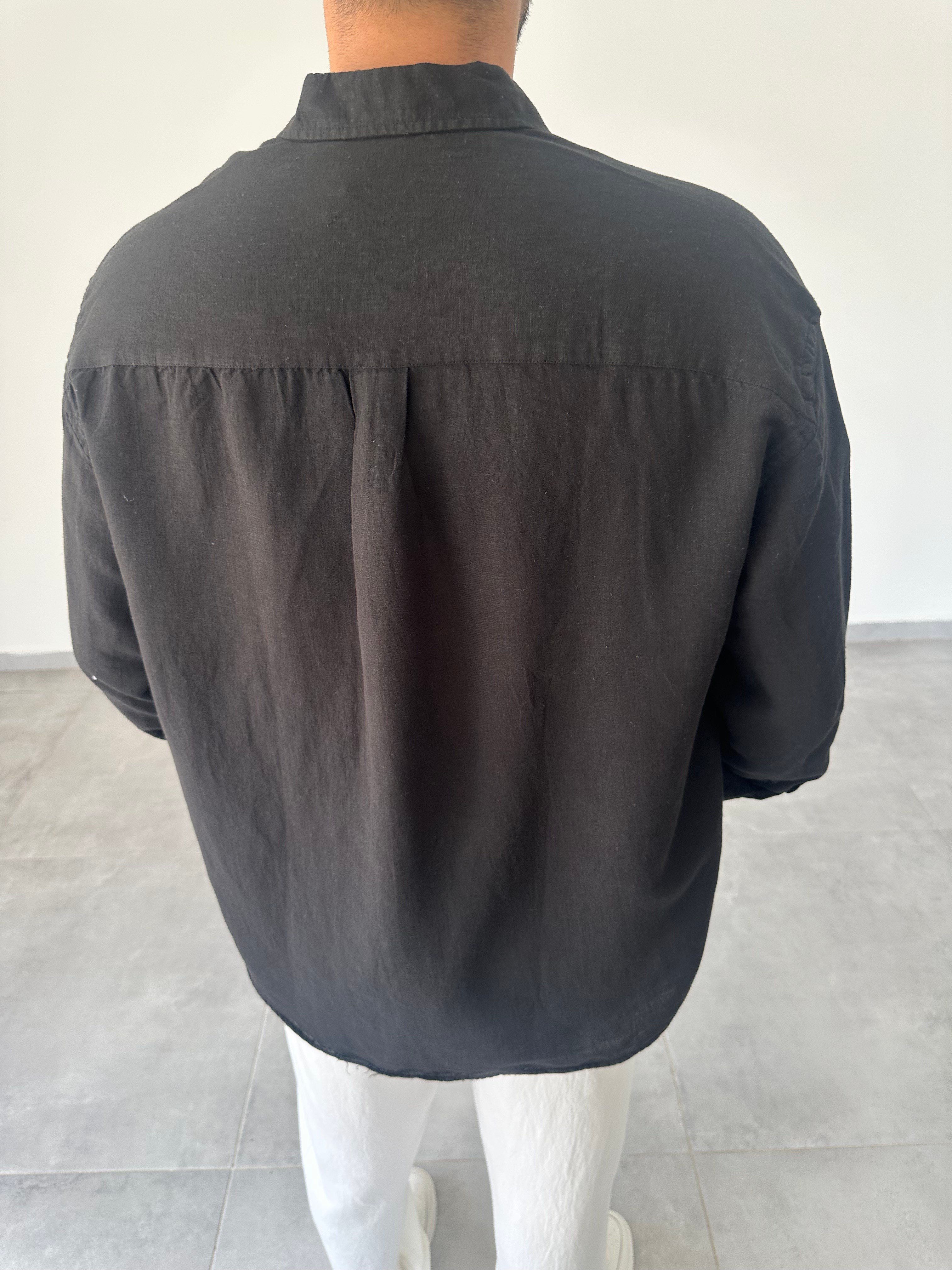 Ham Keten Oversize Kesim Siyah Renk Premium Keten Gömlek