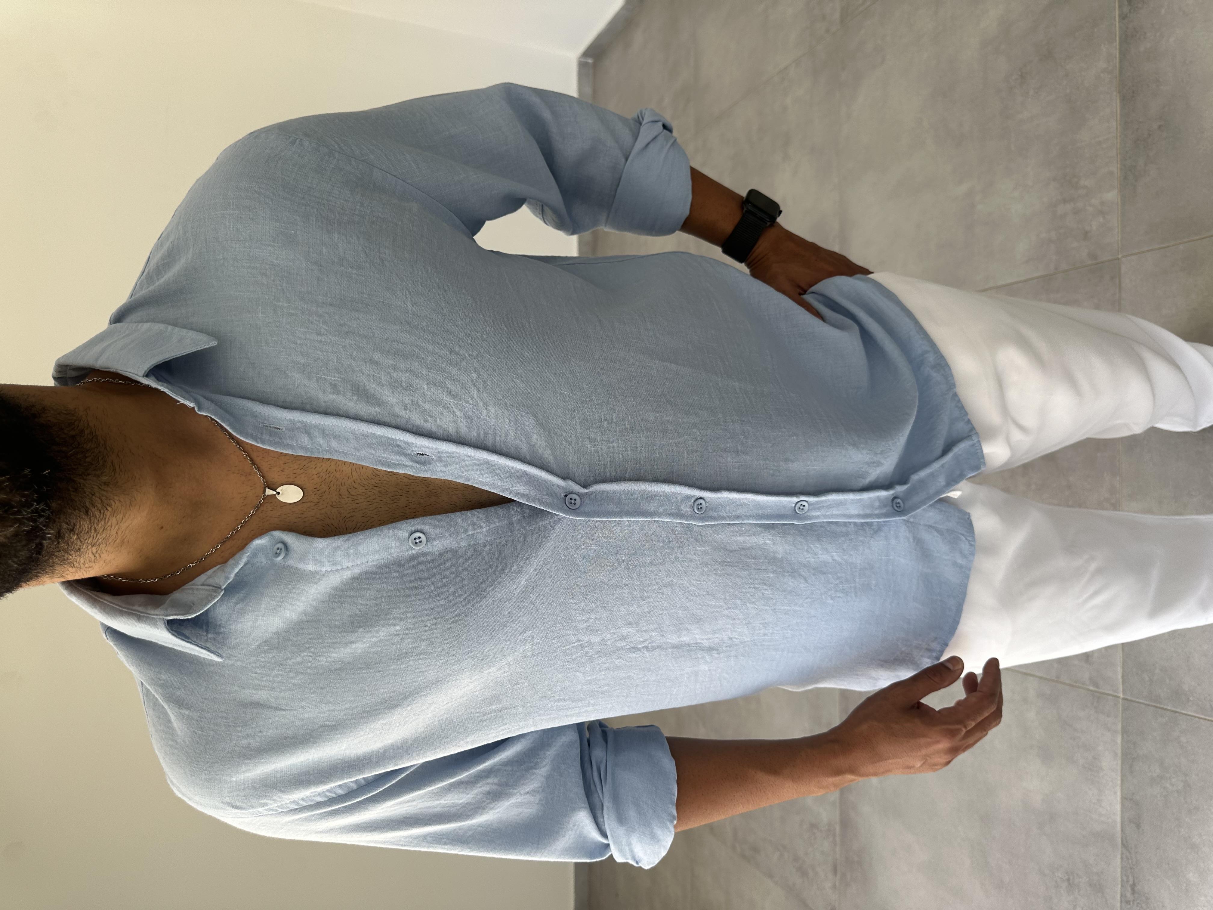 Bebe Mavisi Renk Comfort Fit Keten Gömlek