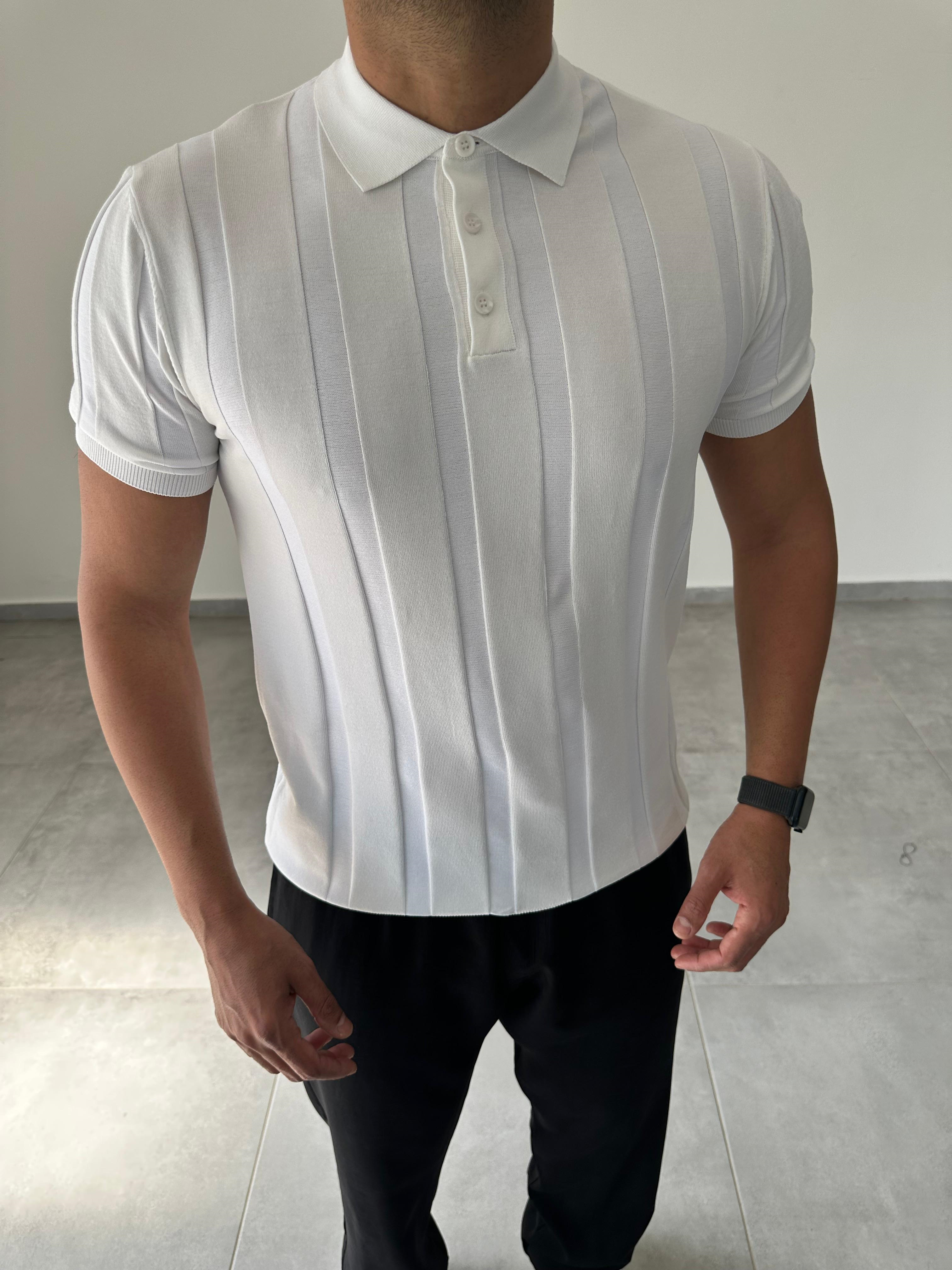 Polo Yaka  Şerit Detaylı Beyaz Renk Triko T-Shirt