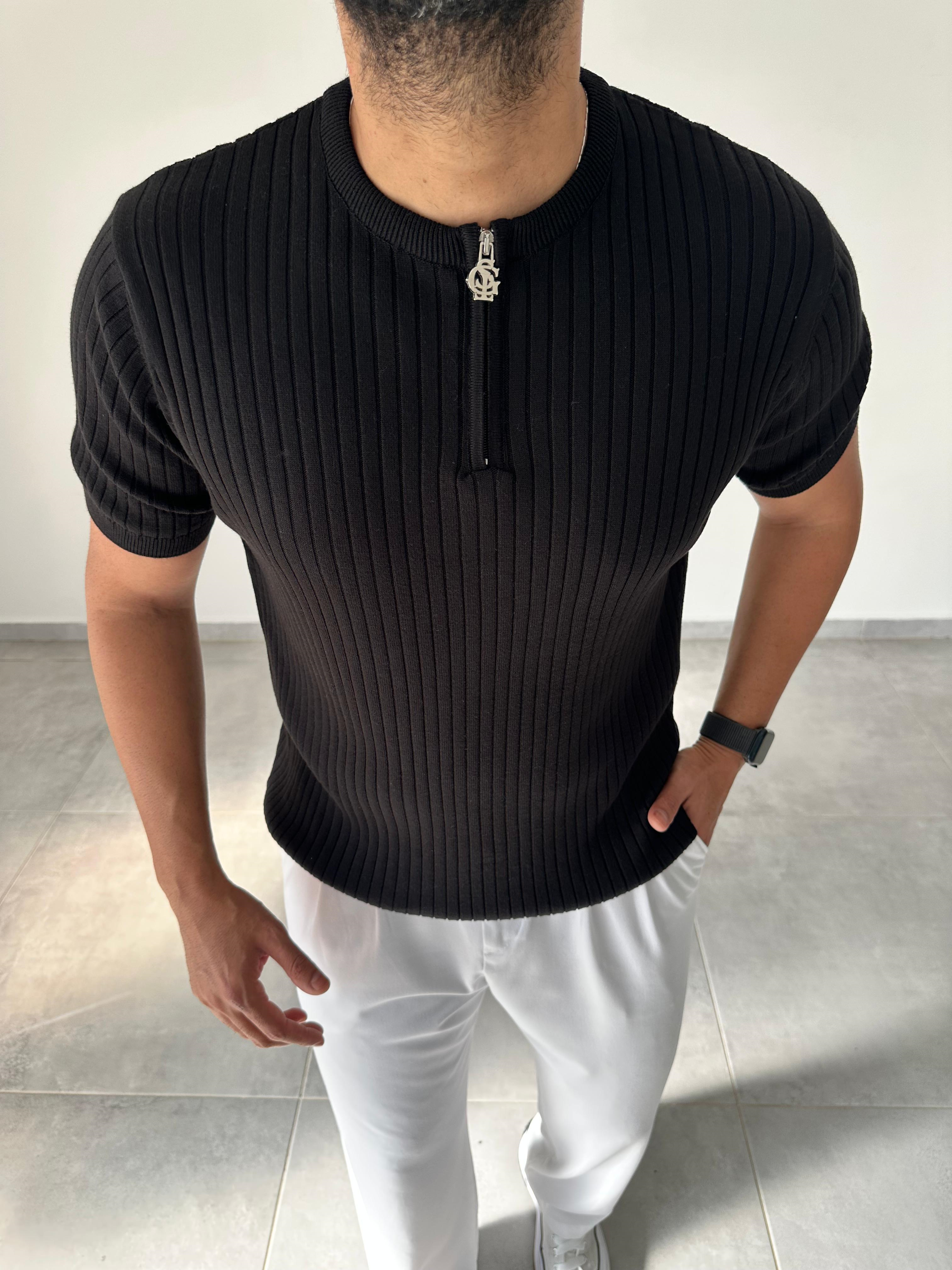 Siyah Renk Fermuar Detaylı Premium Kalite Basic Triko T-Shirt