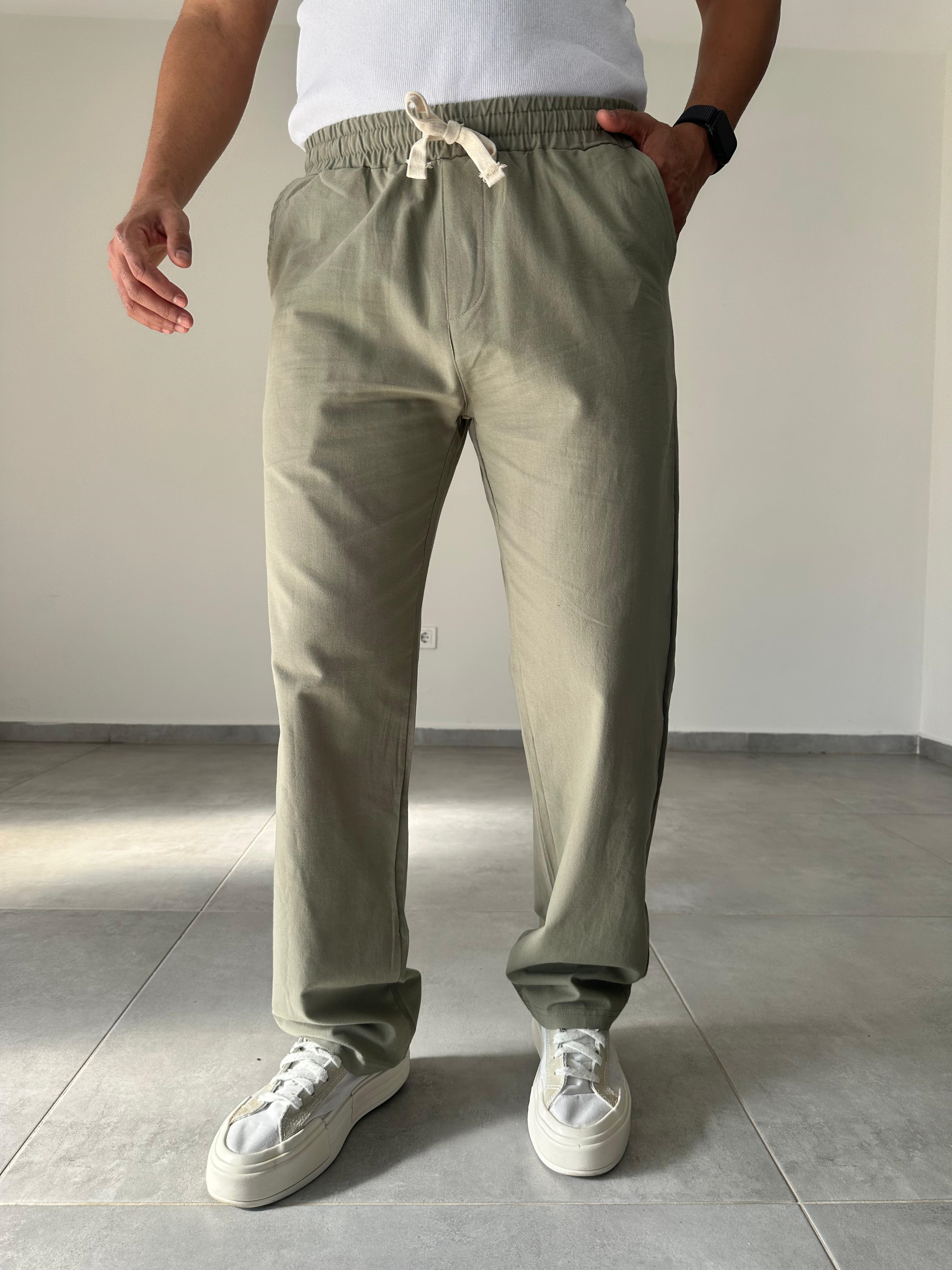 Haki Yeşil Renk Yıkamalı Bel Kısmı Lastikli Baggy Keten Pantolon