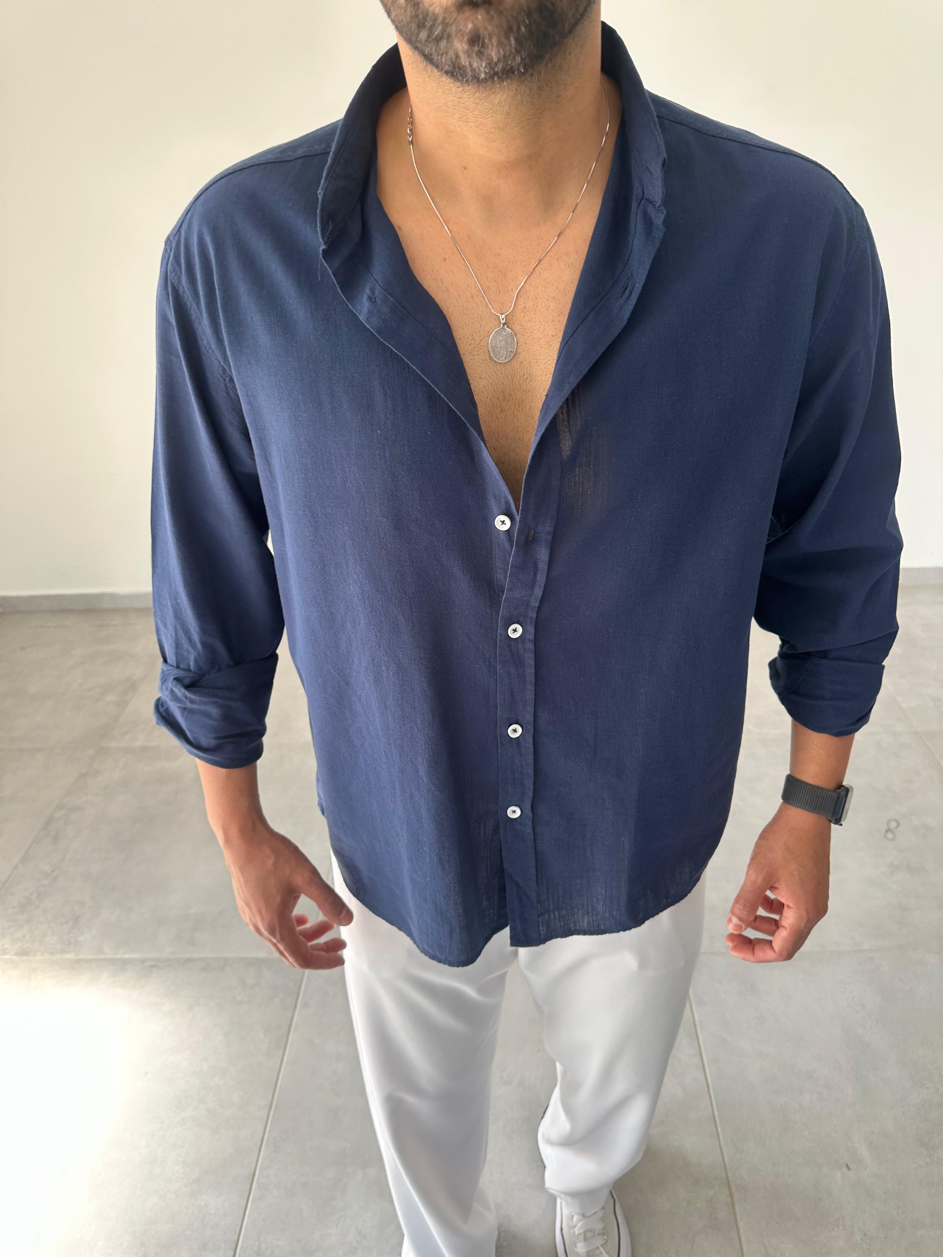 Lacivert Renk Oversize Kesim Fresh Keten Gömlek