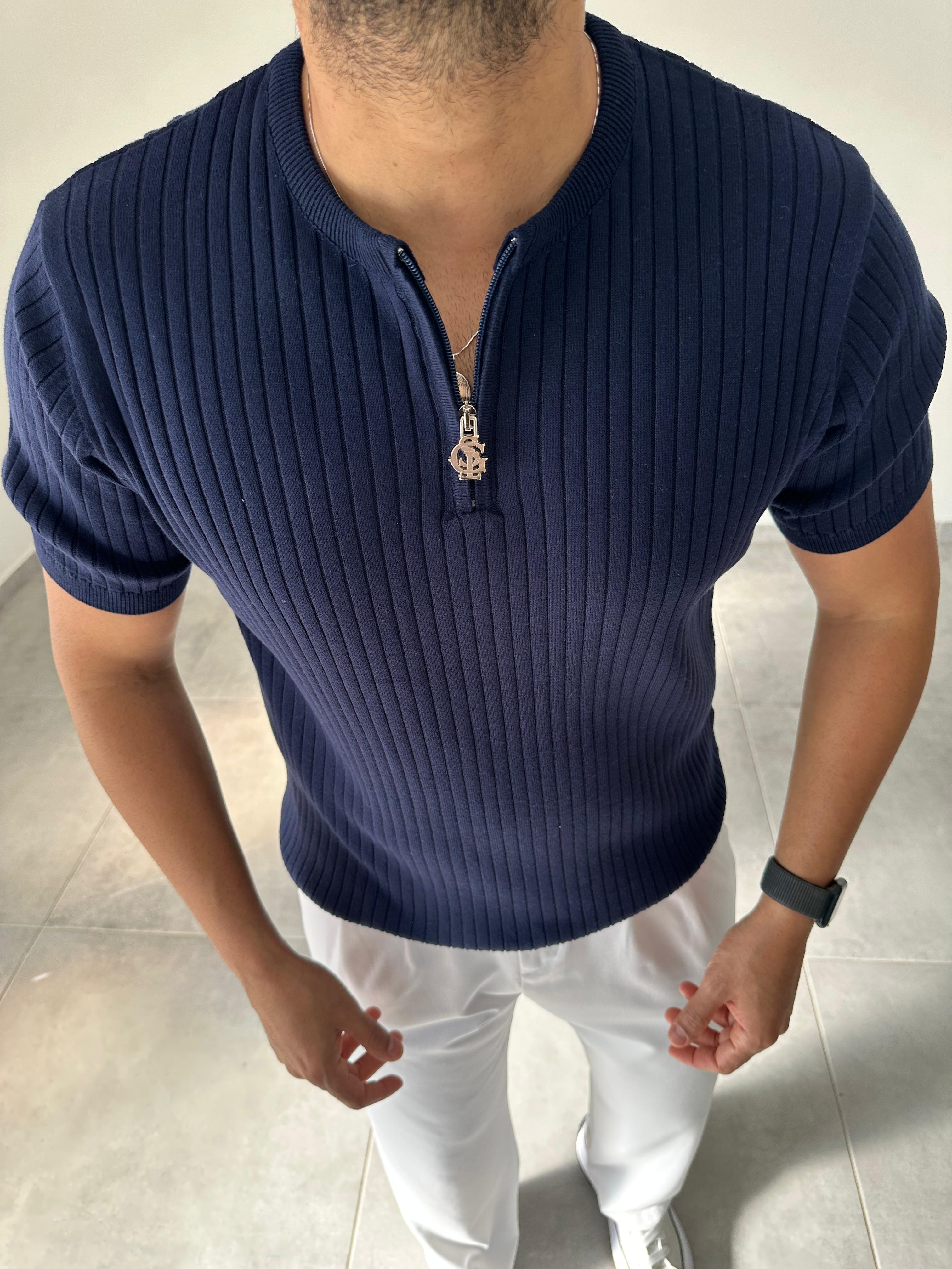 Lacivert Renk Fermuar Detaylı Premium Kalite Basic Triko T-Shirt