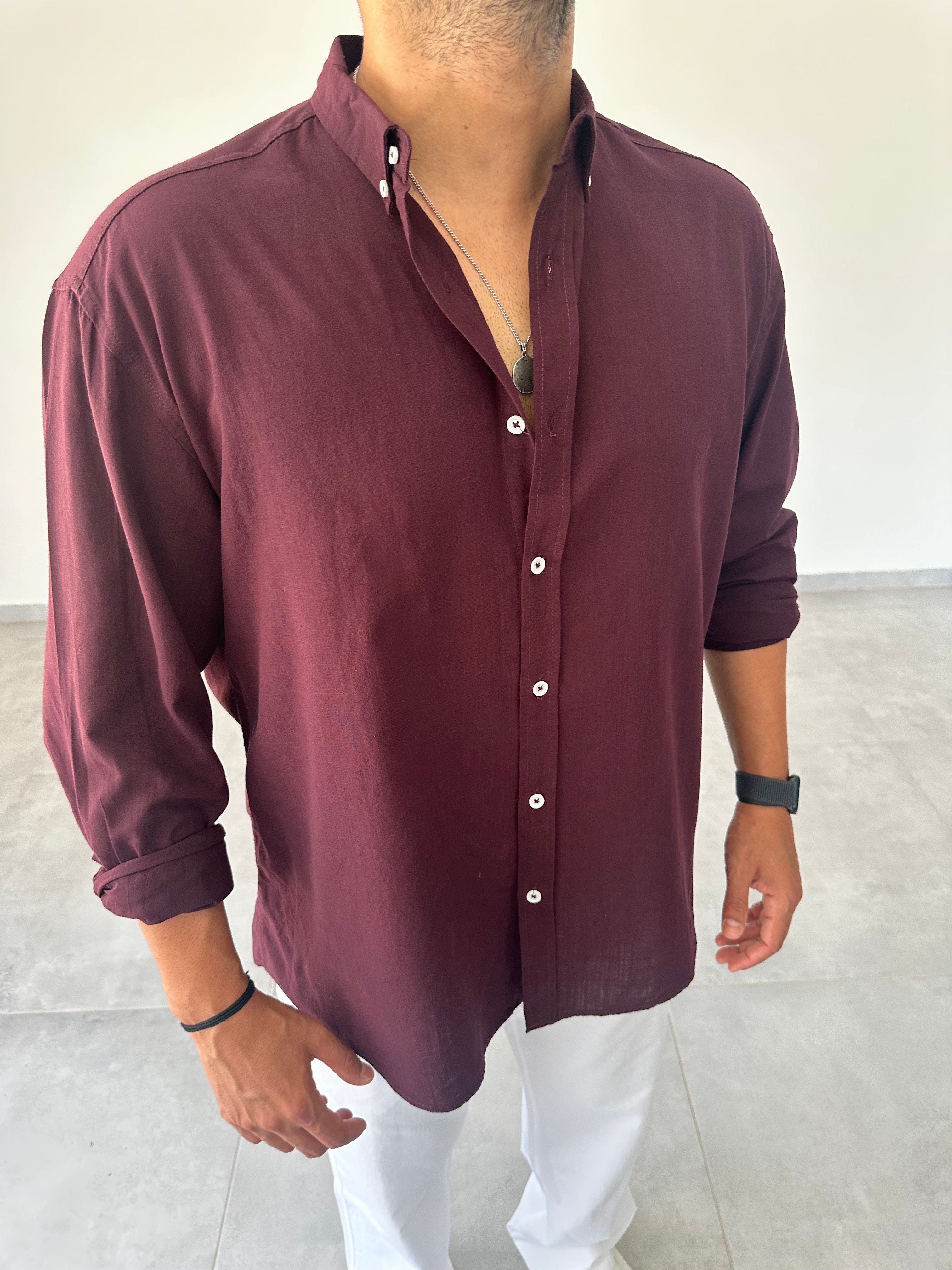 Mürdüm Renk Oversize Kesim Fresh Keten Gömlek