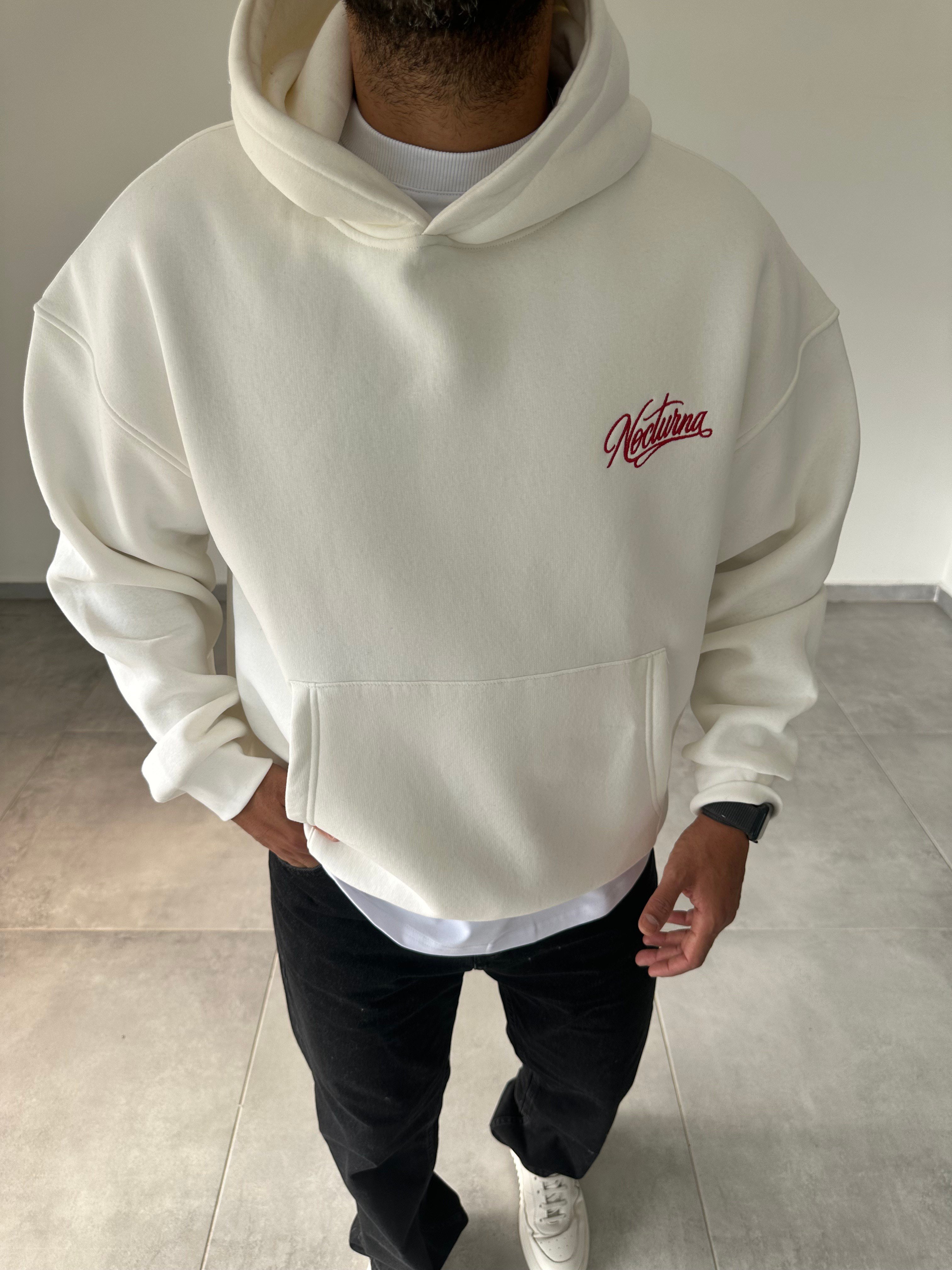 Beyaz Nocturna Pantch Ve Baskı Detaylı Premium Kapüşonlu Sweatshirt