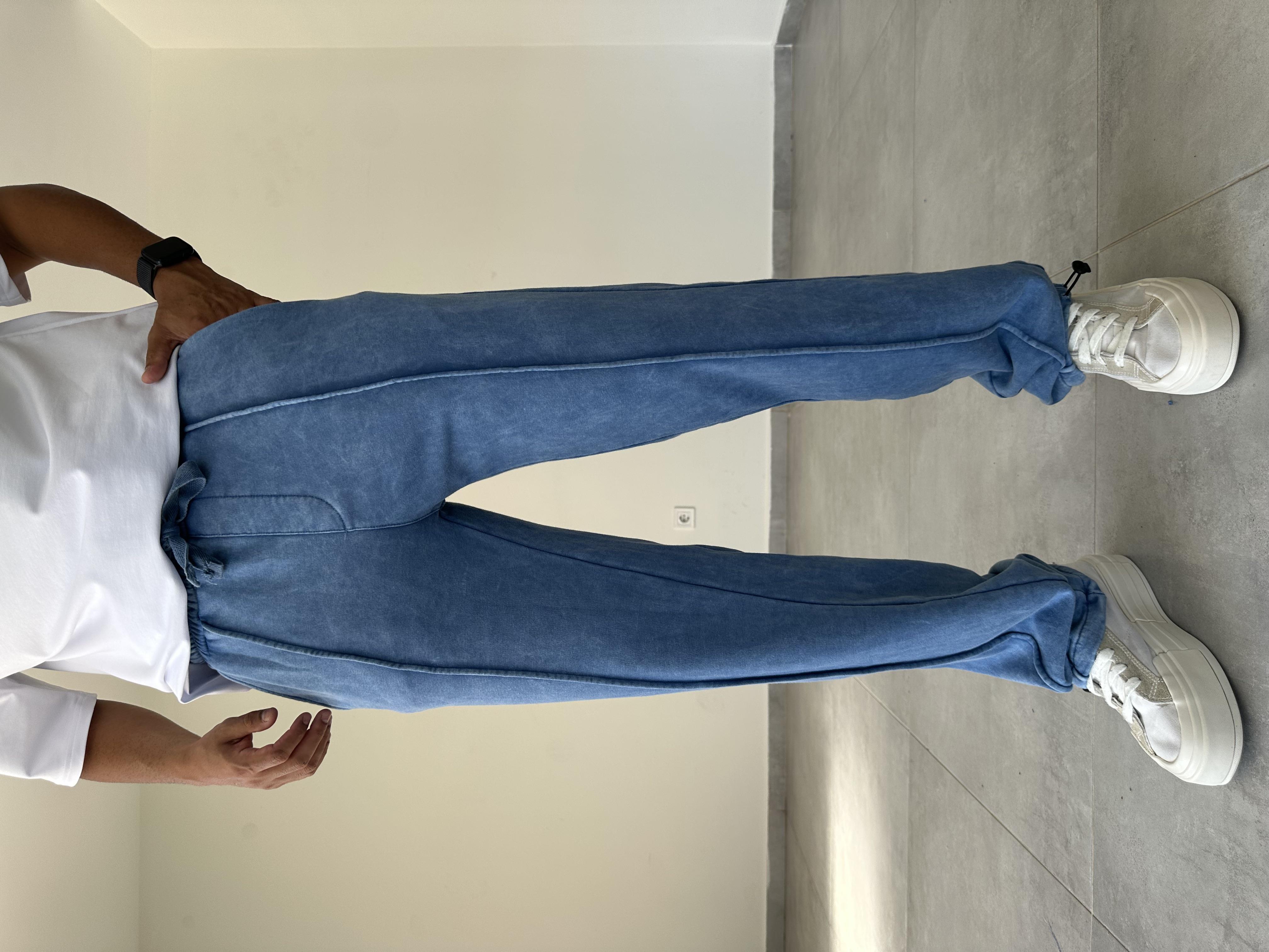 Ön Kısmı Çıma Detaylı Mavi Renk Yıkamalı Kumaş Paça Kısmı Stoperli Baggy Eşofman