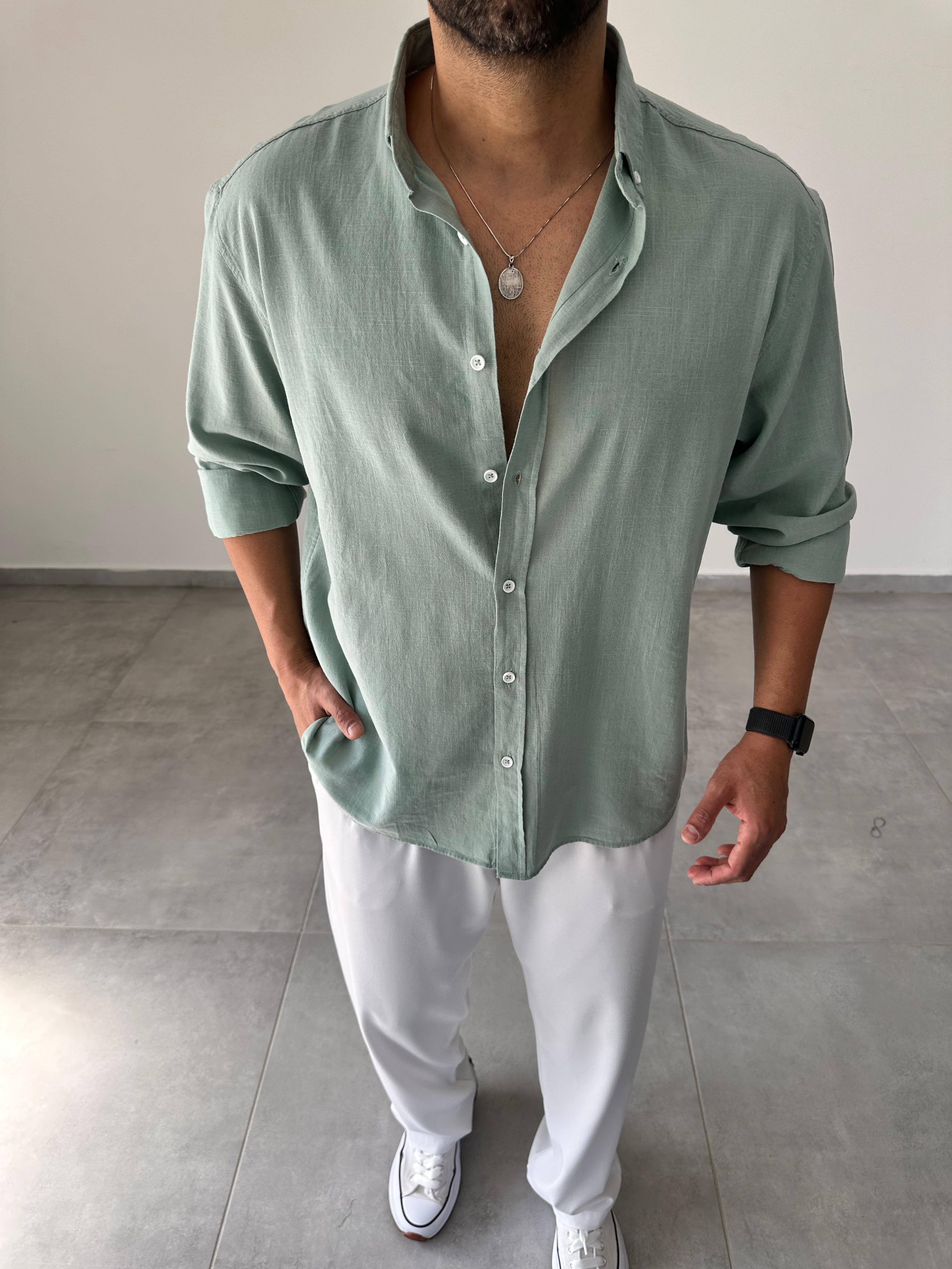 Mint Yeşili Oversize Kesim Fresh Keten Gömlek