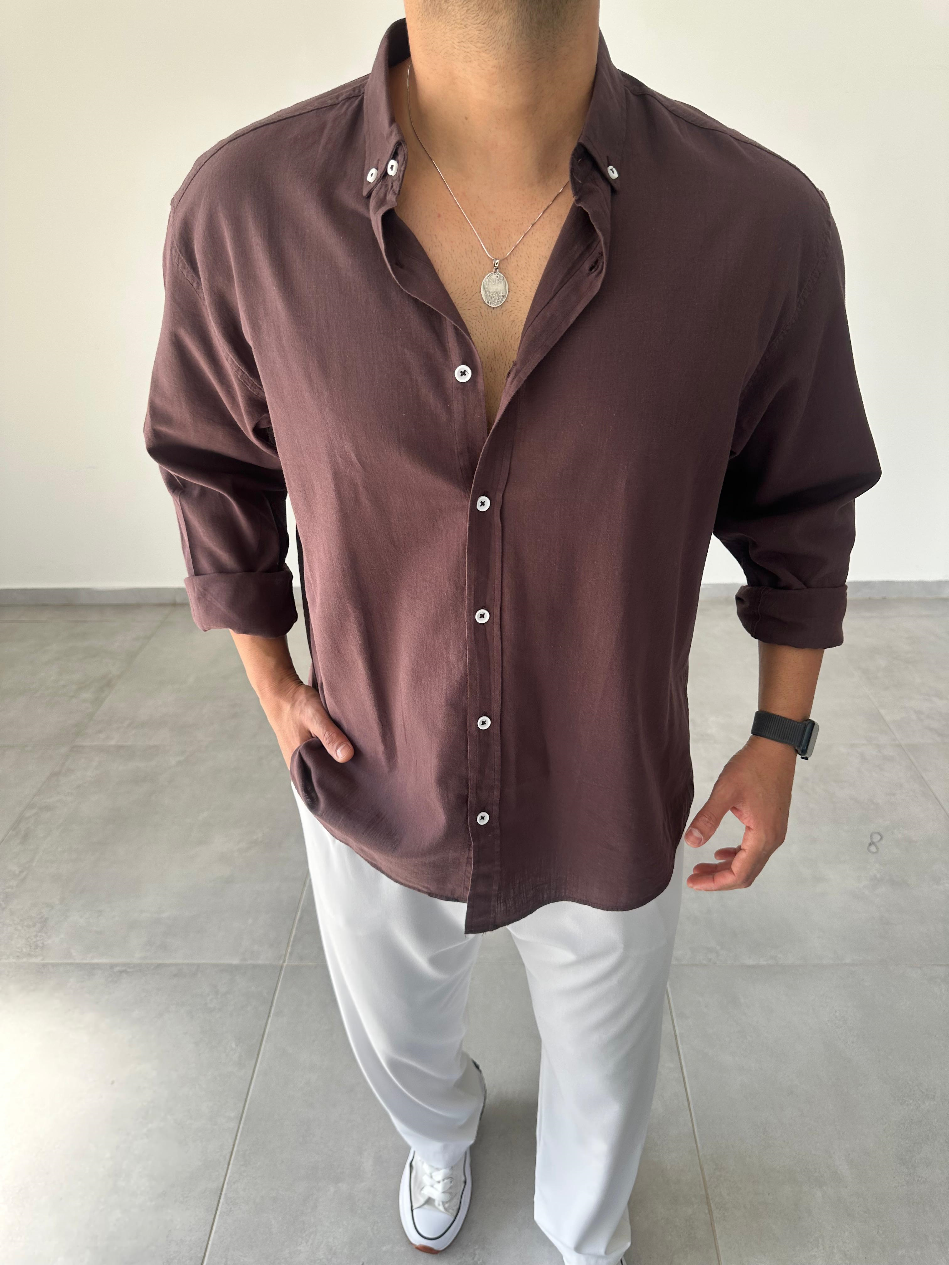Kahve Renk Oversize Kesim Fresh Keten Gömlek
