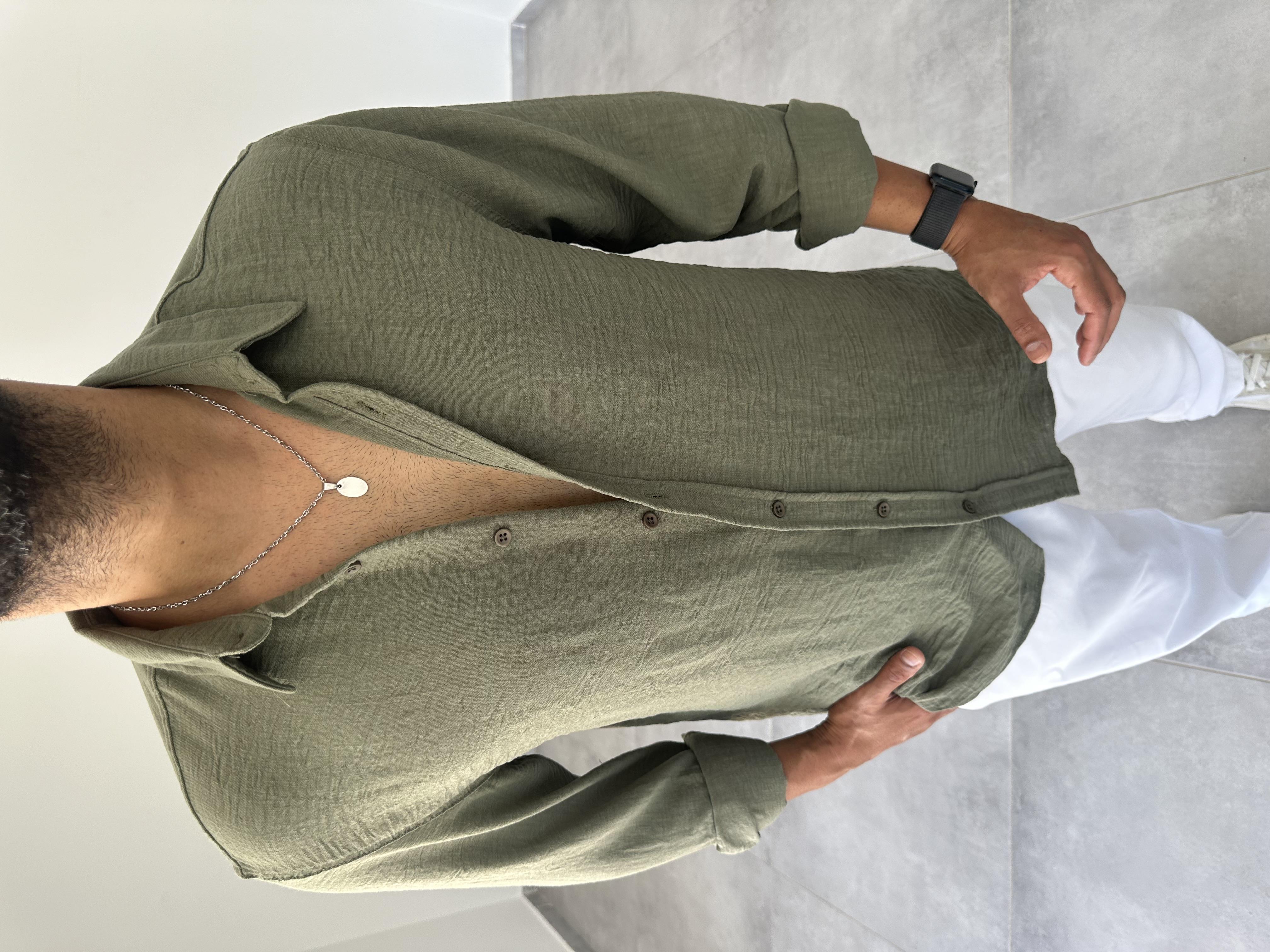 Haki Yeşili Comfort Fit Keten Gömlek