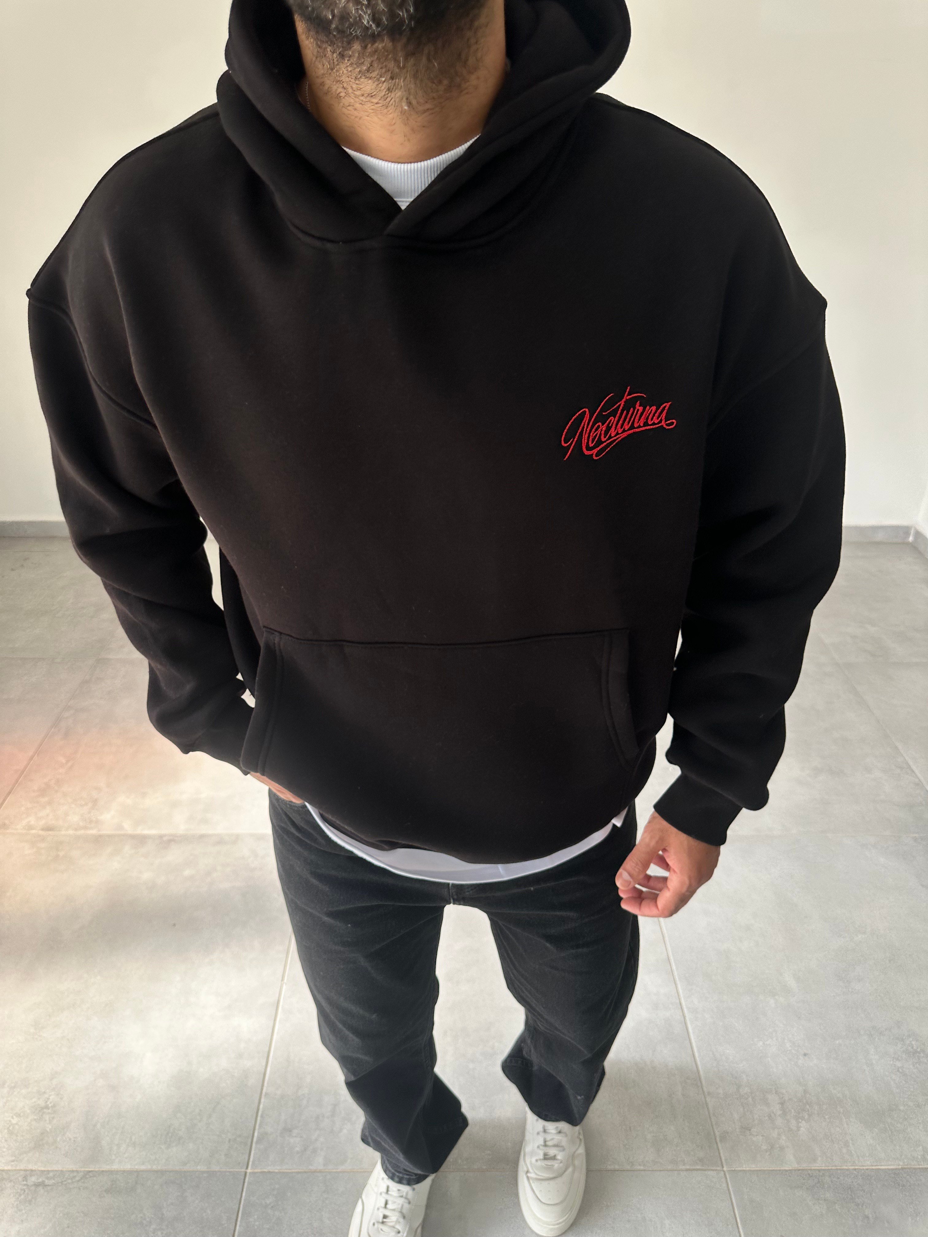Siyah Nocturna Pantch Ve Baskı Detaylı Premium Kapüşonlu Sweatshirt