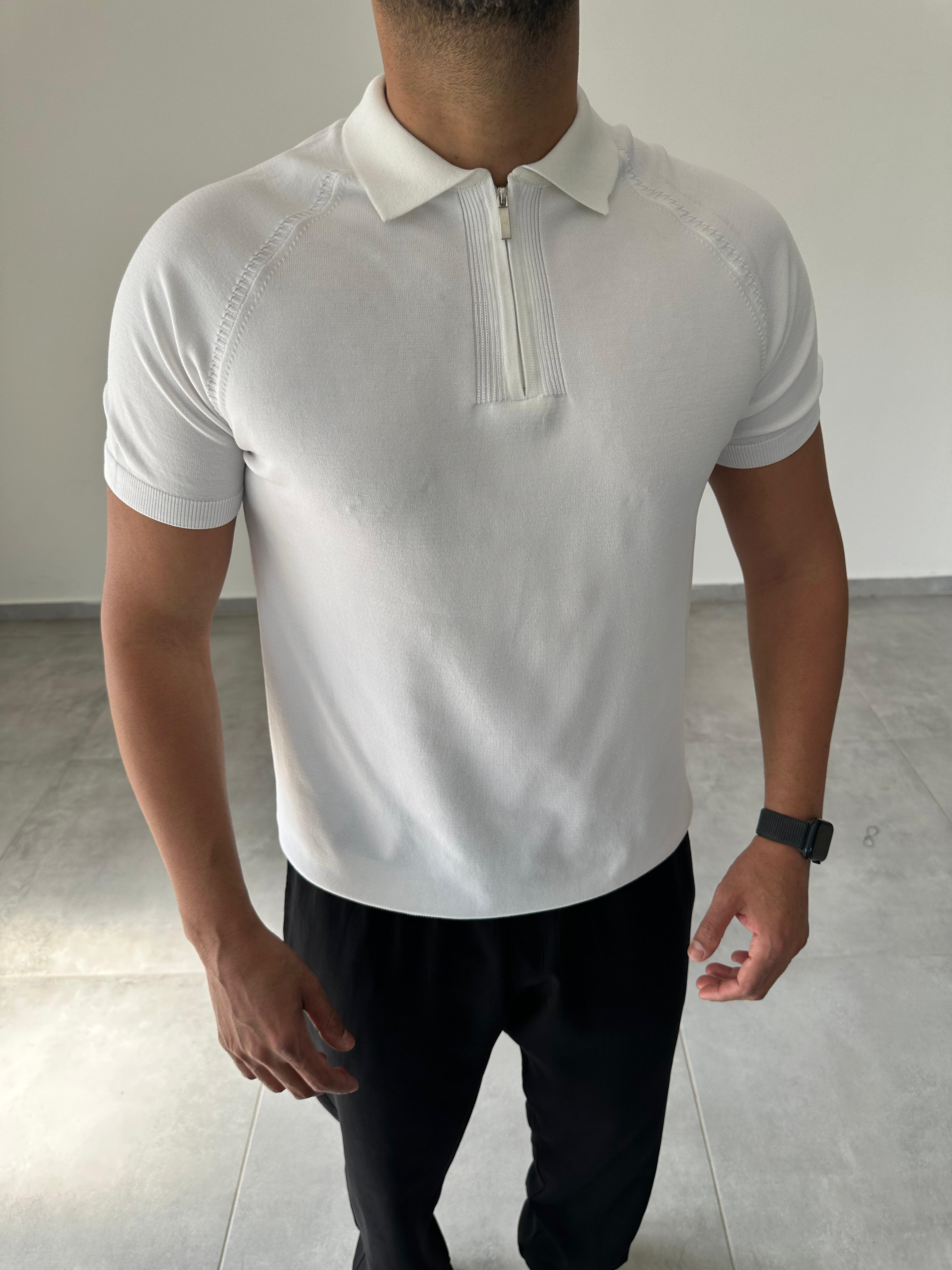 Polo Yaka Örgü Desenli Beyaz Renk Triko T-Shirt