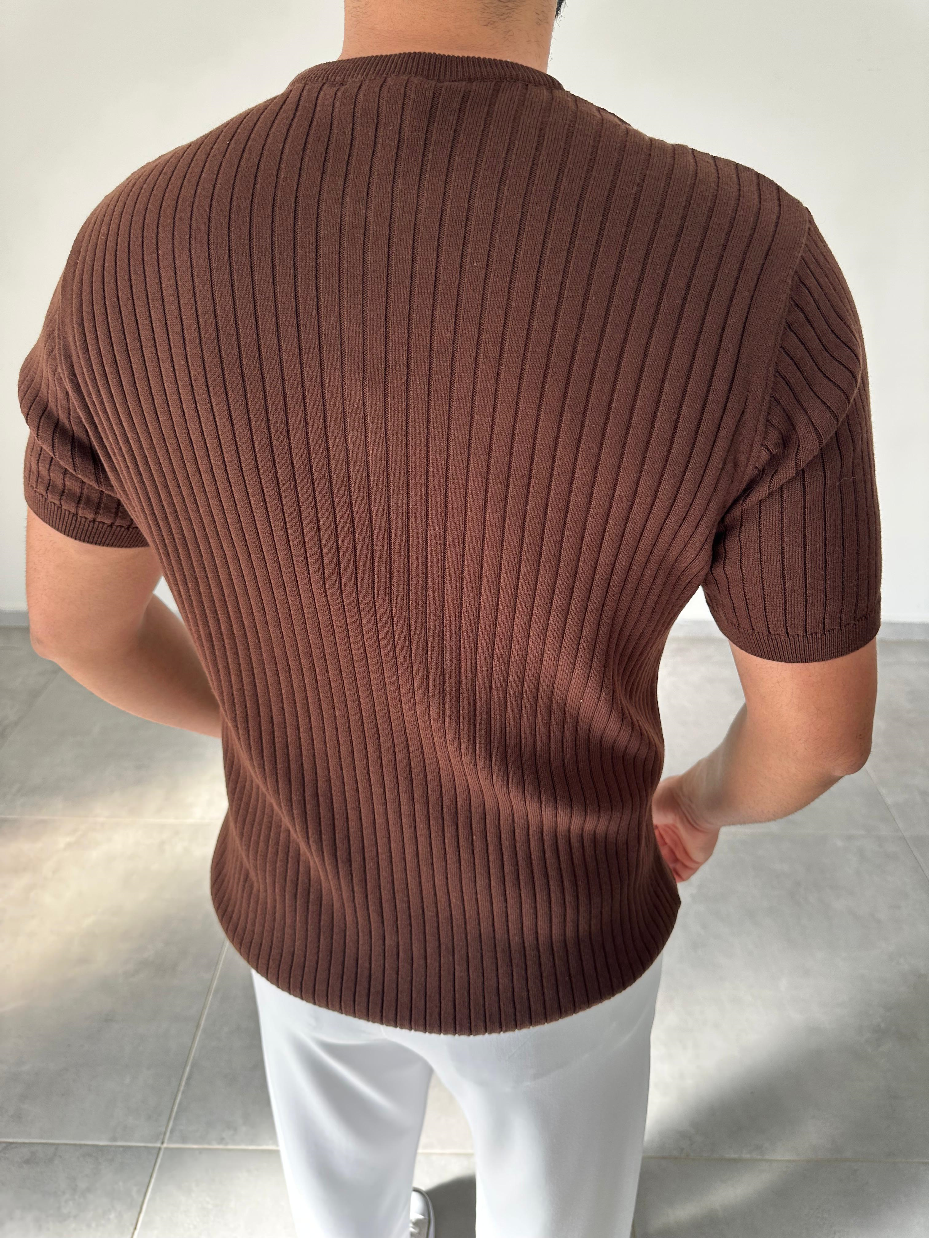 Kahve Renk Fermuar Detaylı Premium Kalite Basic Triko T-Shirt