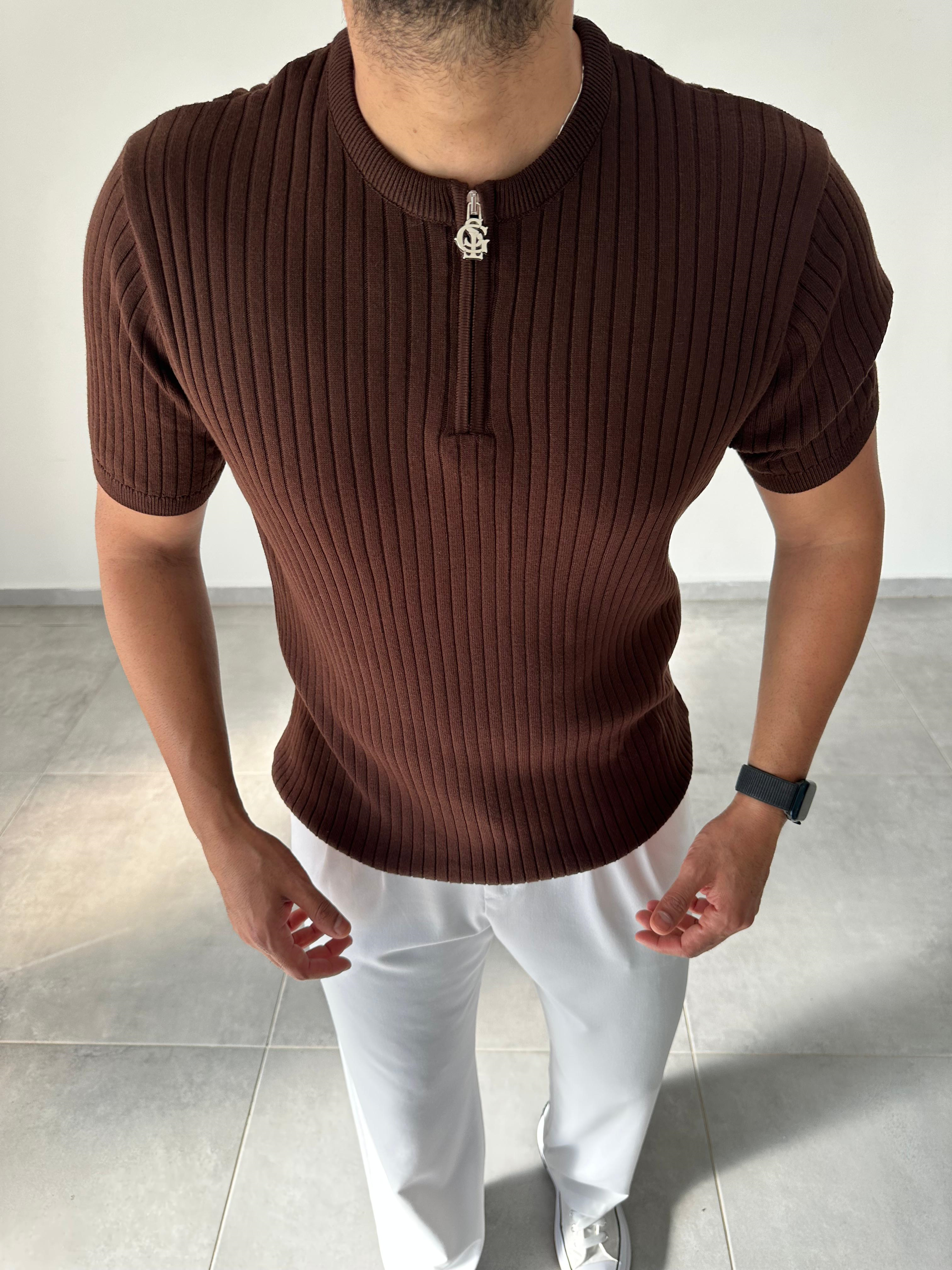 Kahve Renk Fermuar Detaylı Premium Kalite Basic Triko T-Shirt