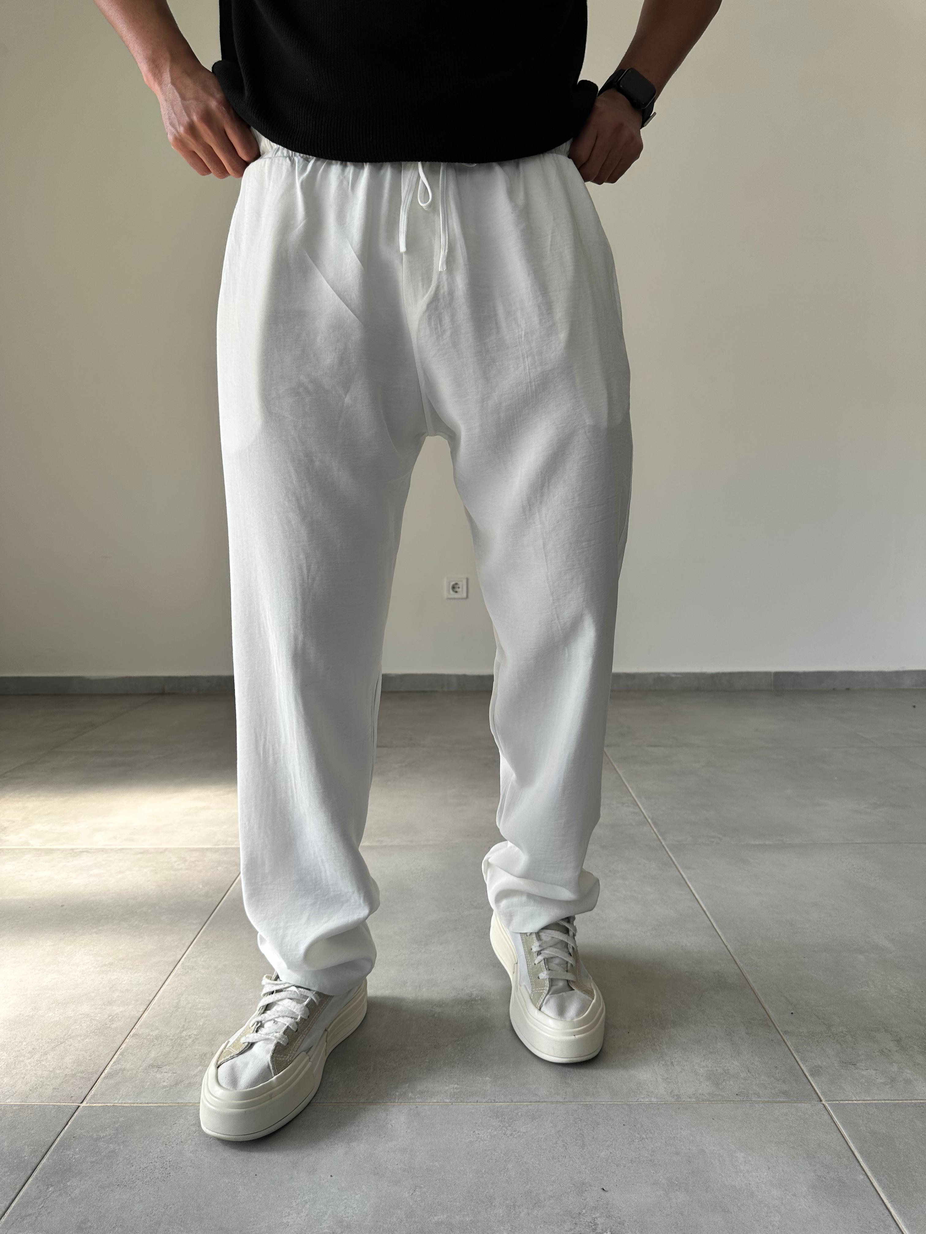 Modal Kumaş Beyaz Renk Basic Baggy Pantolon
