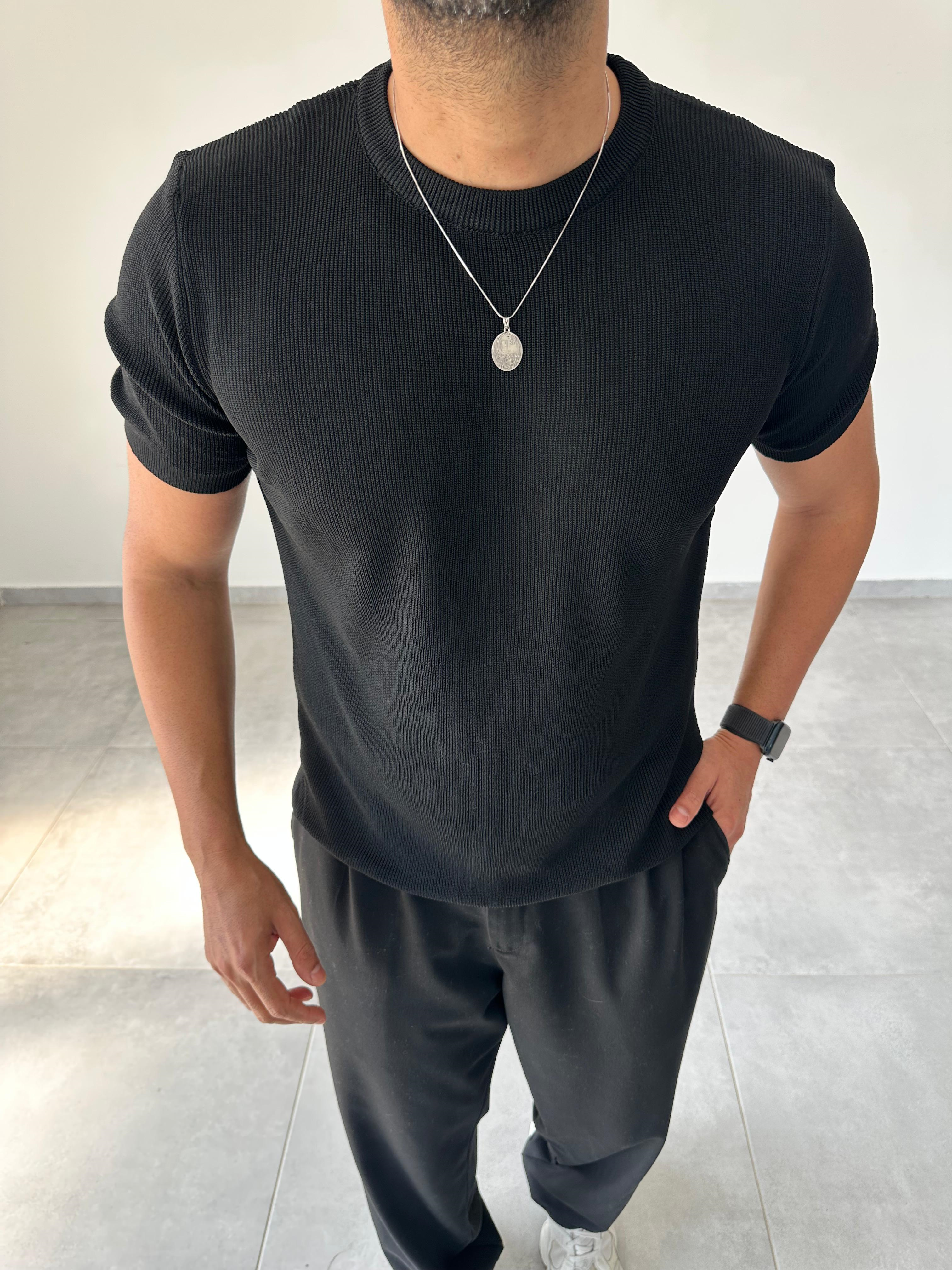Siyah Renk Selanik Örme Regular Fit T-Shirt
