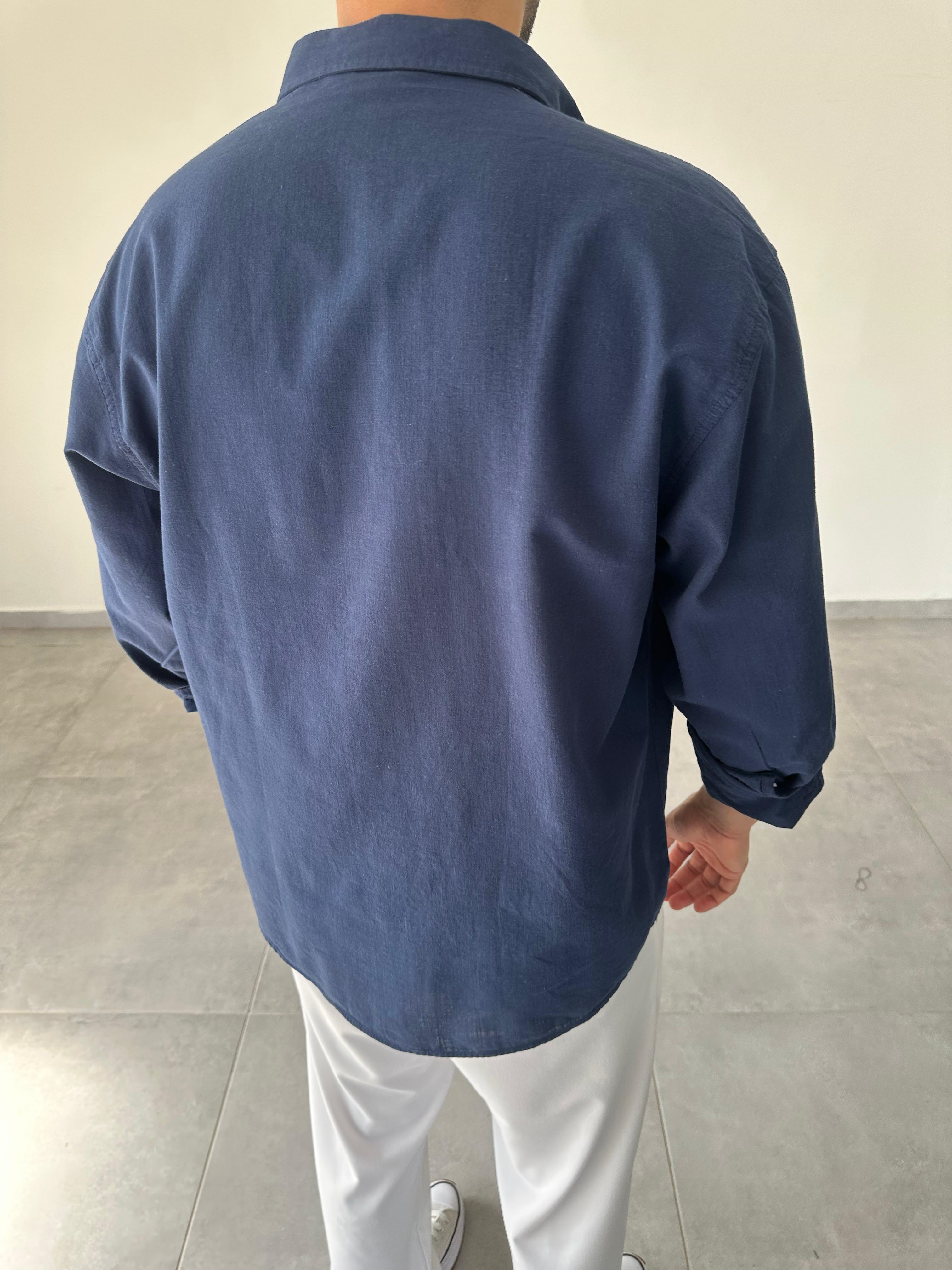Lacivert Renk Oversize Kesim Fresh Keten Gömlek