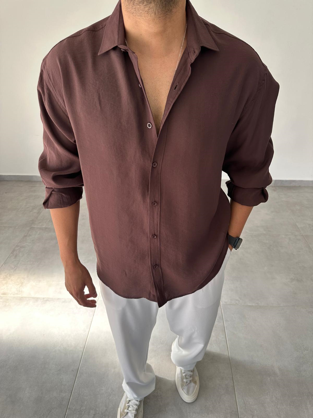 Modal Kumaş Kahve Renk Oversize Kesim Gömlek
