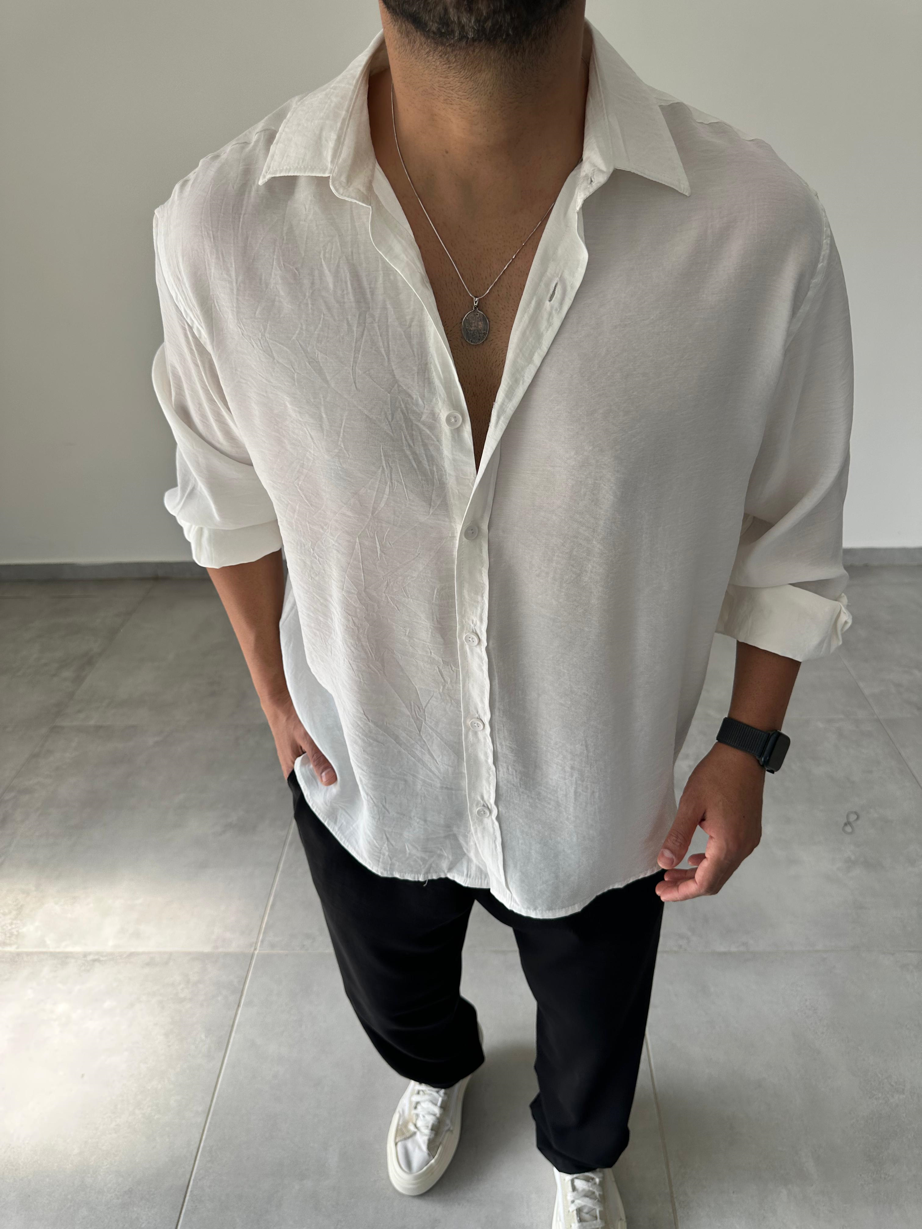 Beyaz Renk Modal Kumaş Oversize Kesim Basic Gömlek